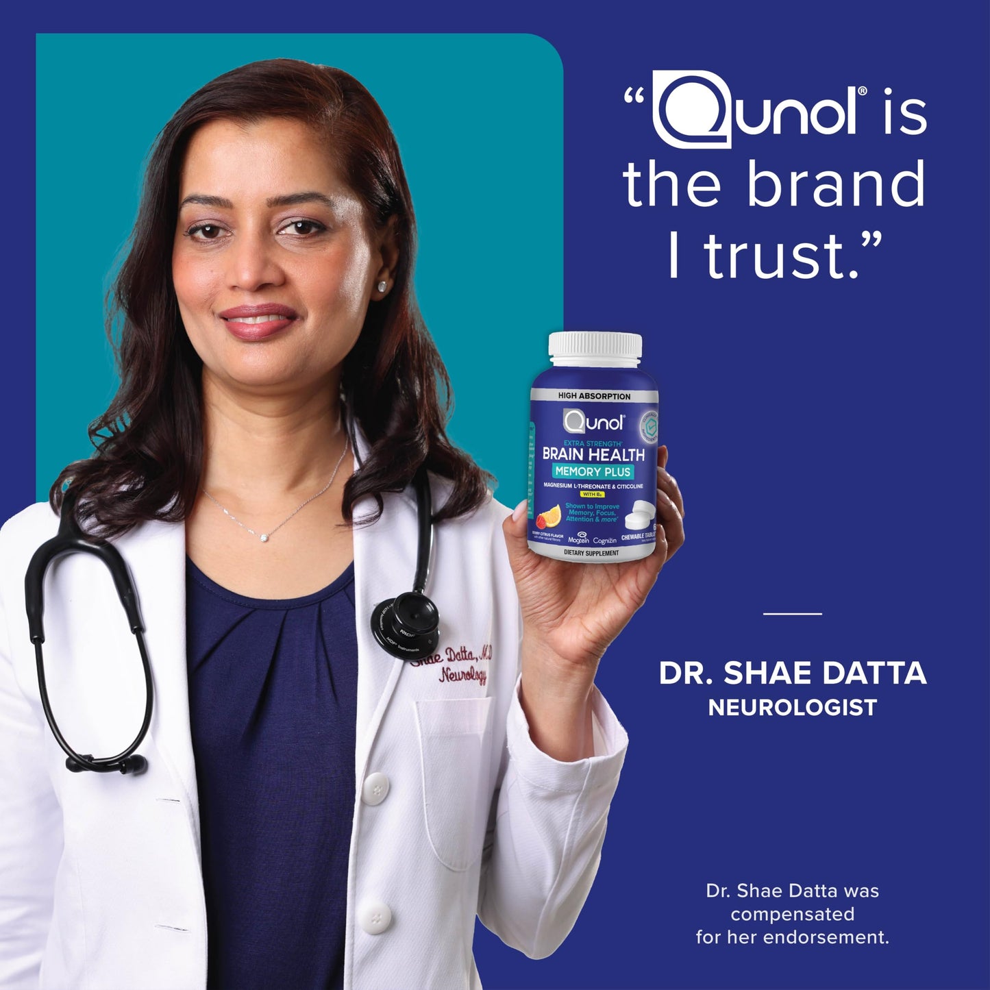Qunol Brain Health Memory Plus Chewable Tablet with B6, Magnesium L-Threonate & Citicoline, 60 Tablets