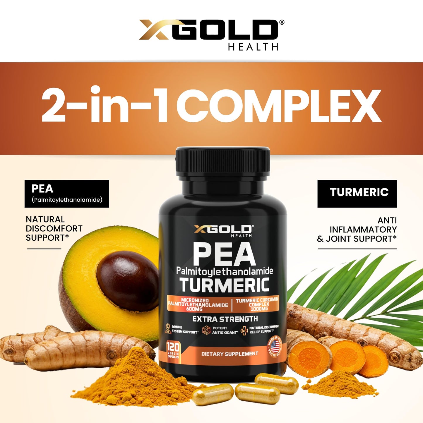 X Gold Health Pea Palmitoylethanolamide + Turmeric Curcumin Complex 1600mg Micronized 99% & 95% Curcuminoids High Potency Joint Support, Mobility & Comfort Capsules 120 Count