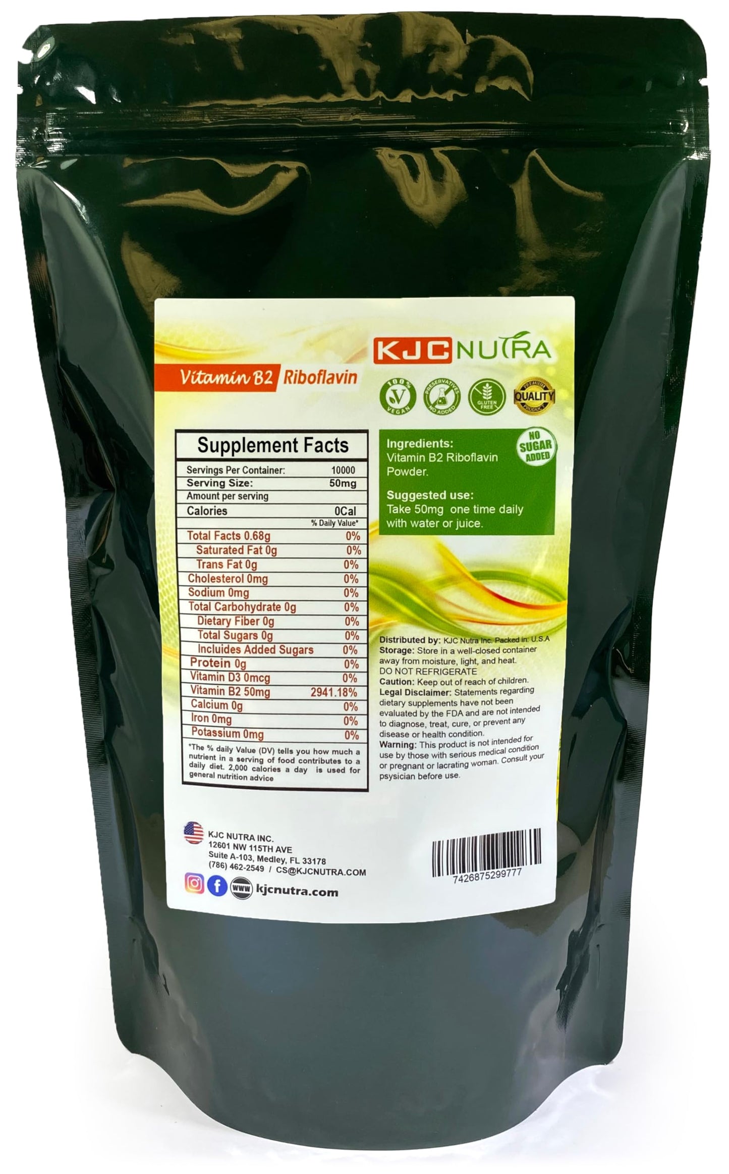 KJC Nutra Vitamin B2 Powder 500 g (17.6 oz) RIBOFLAVIN, 1 Pack