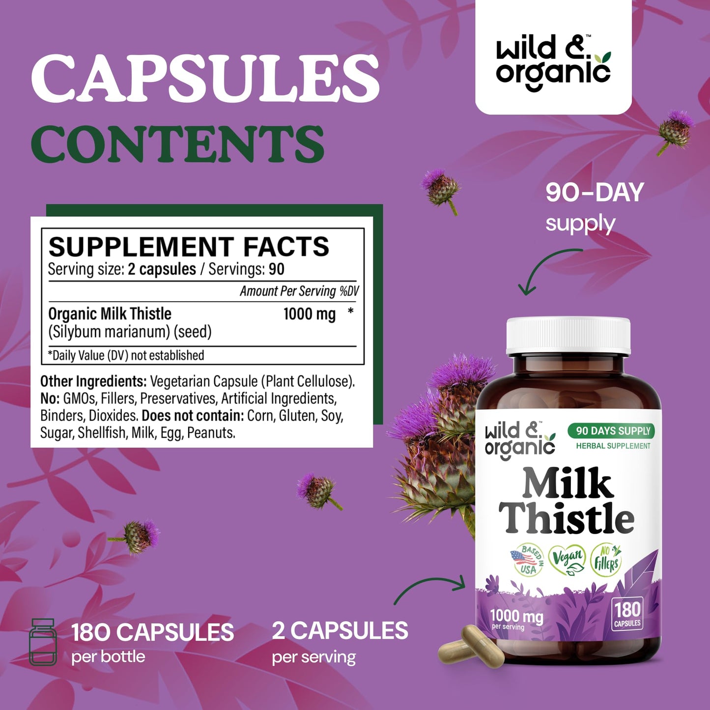 Wild & Organic Milk Thistle 1000mg Capsules, 180 Count