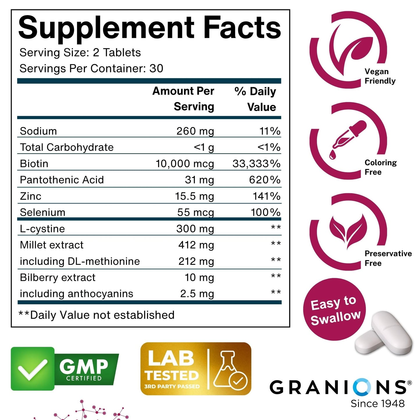 Granions Biotin 10,000 mcg Hair, Skin and Nails Tablet, 60 Tablets