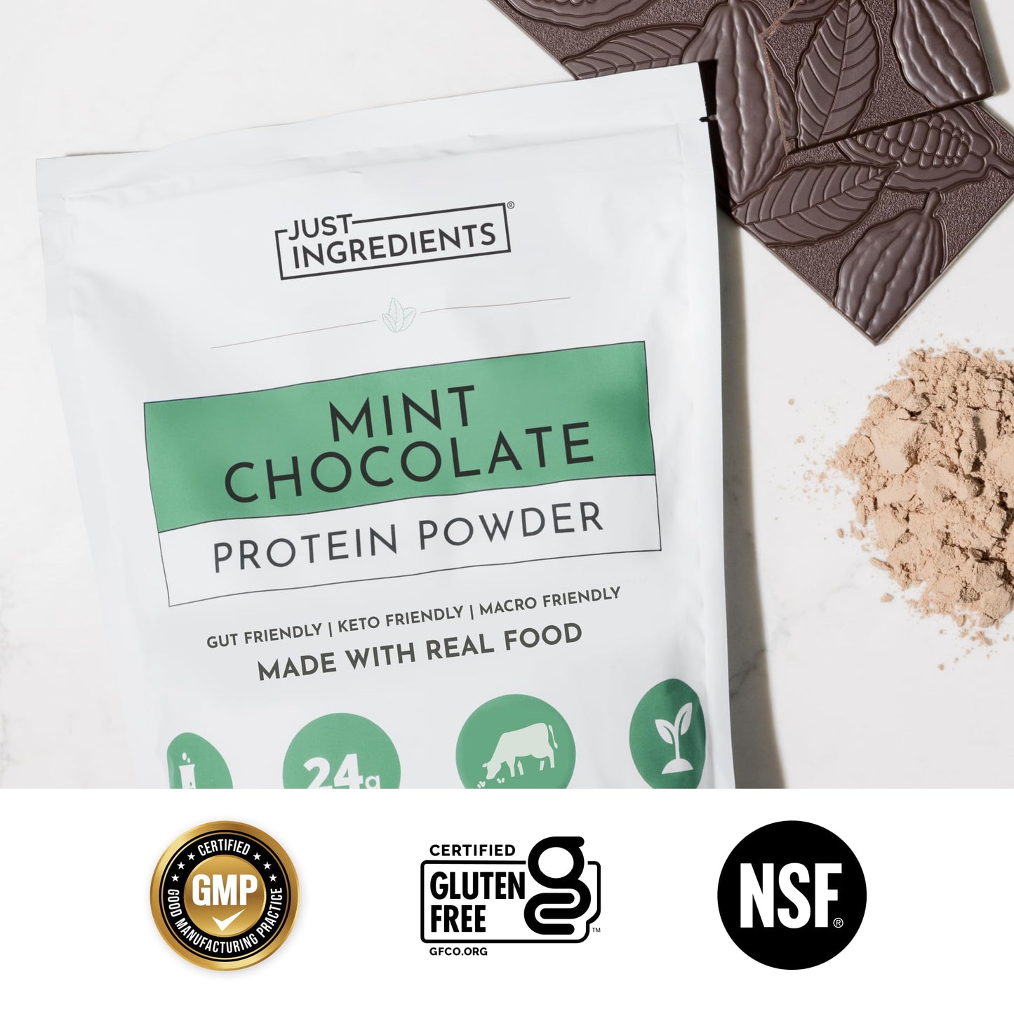 JUST INGREDIENTS Mint Chocolate Whey Protein Powder Grass-Fed, 15 Servings