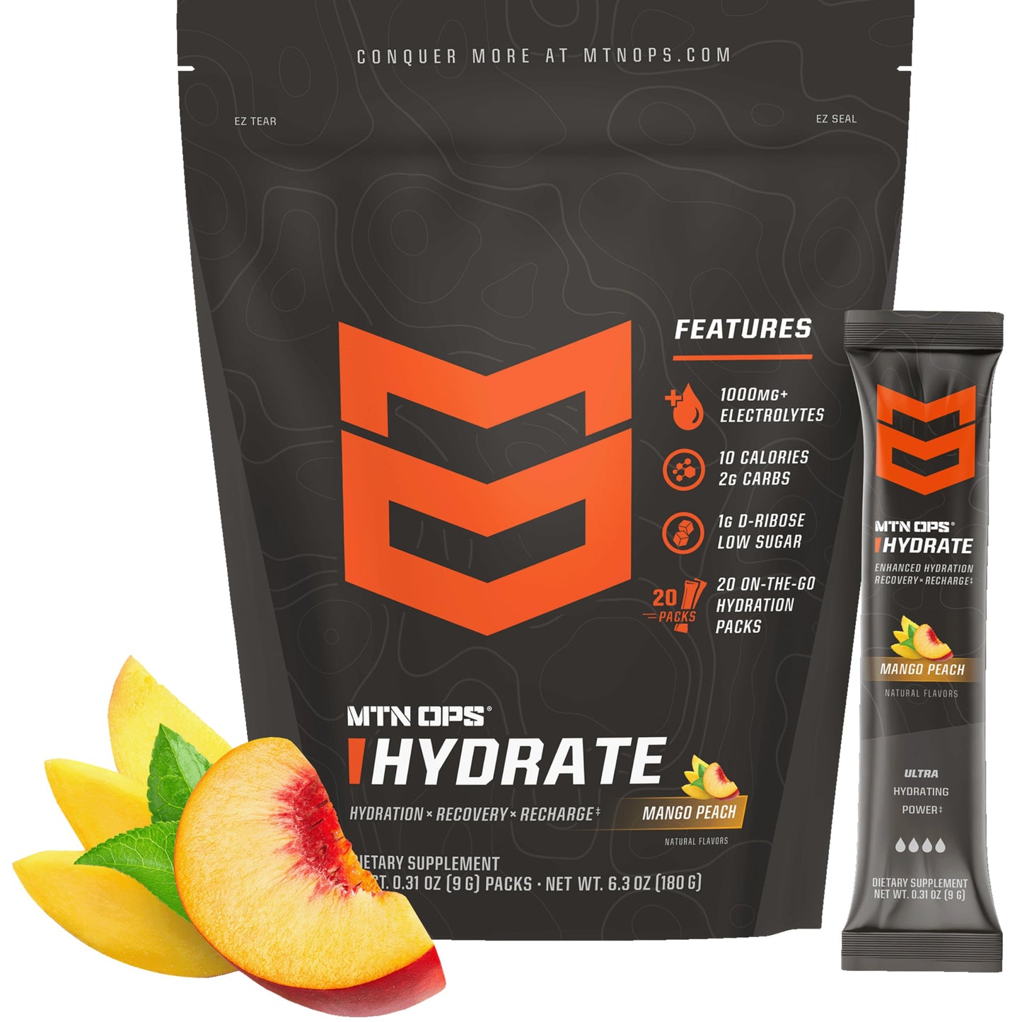 MTN OPS Hydrate Sugar Free Electrolyte Packets Mango Peach Powder, 6 Packets