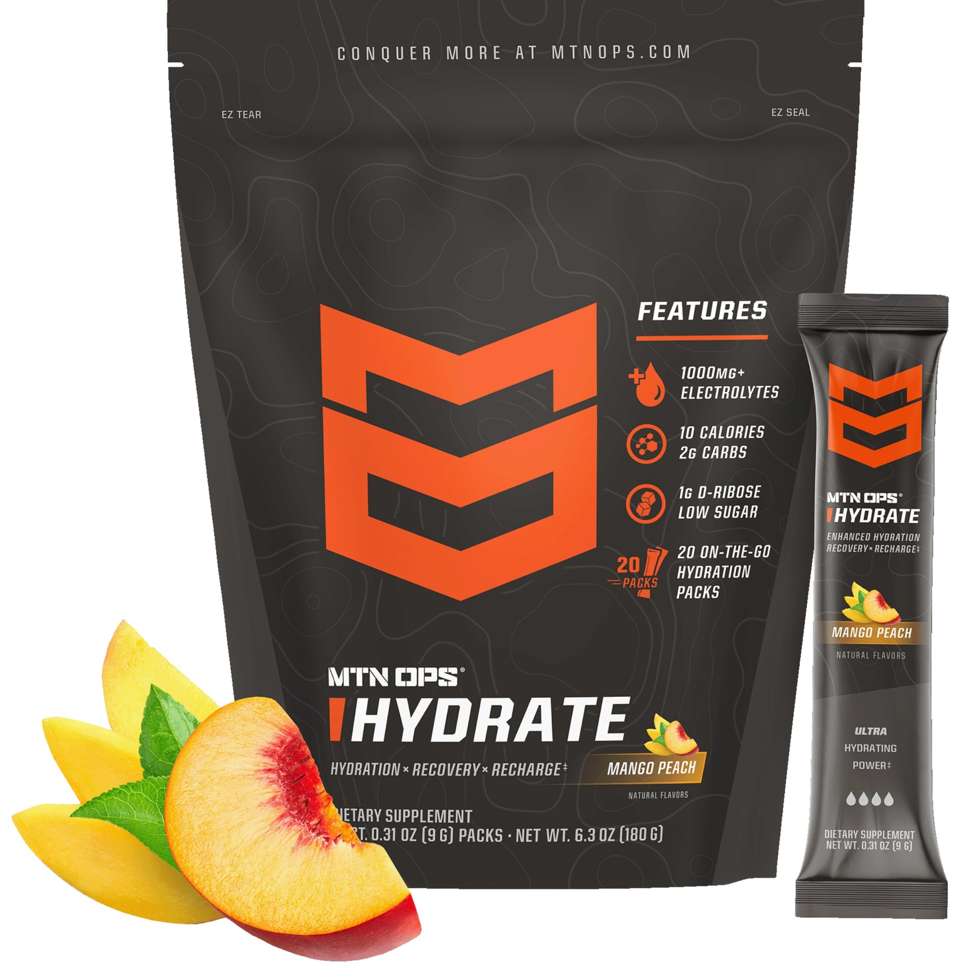 MTN OPS Hydrate Sugar Free Electrolyte Packets Mango Peach Powder, 6 Packets