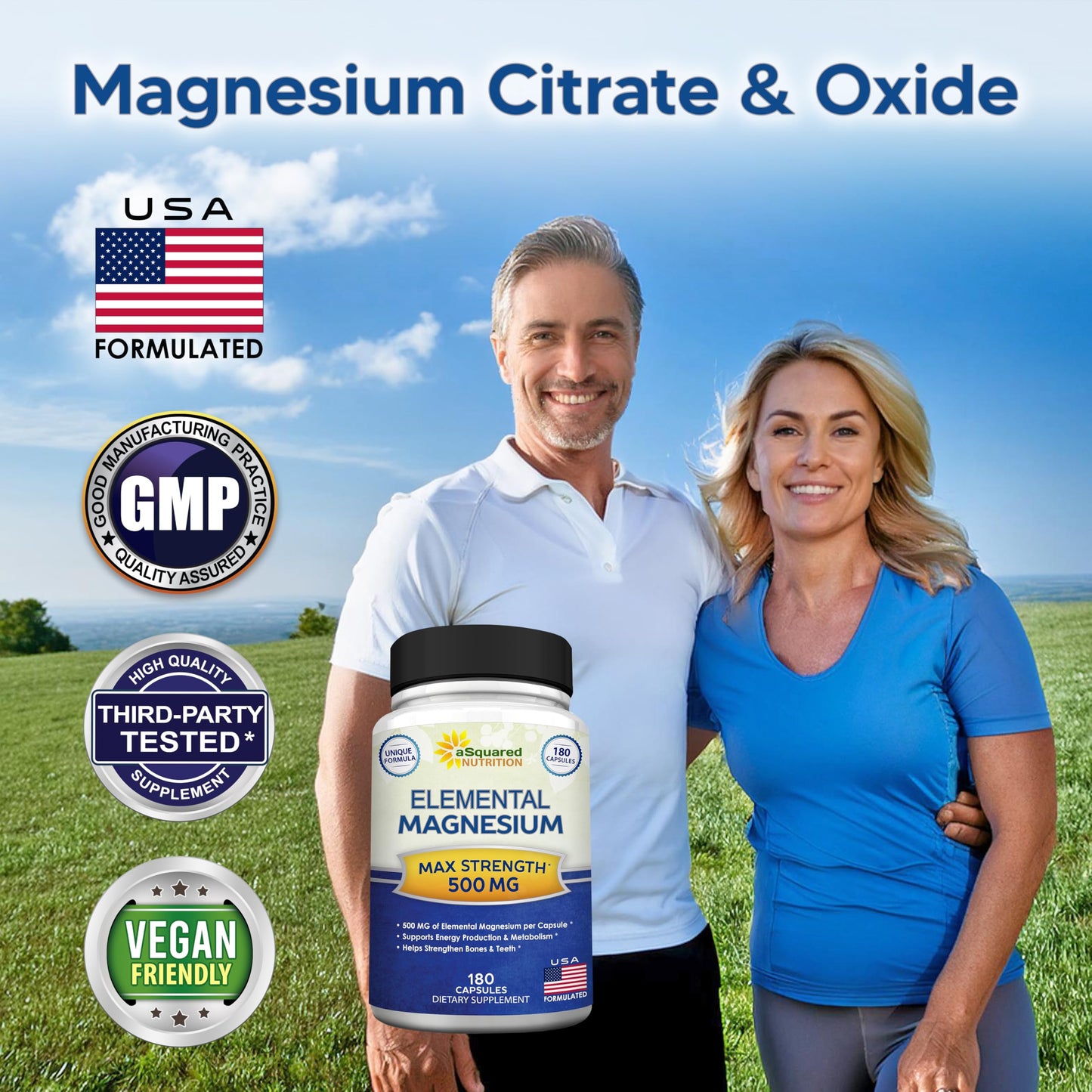aSquared Nutrition Proprietary Magnesium 500mg High Absorption Magnesium Citrate & Oxide Veggie Capsules, 180 Count