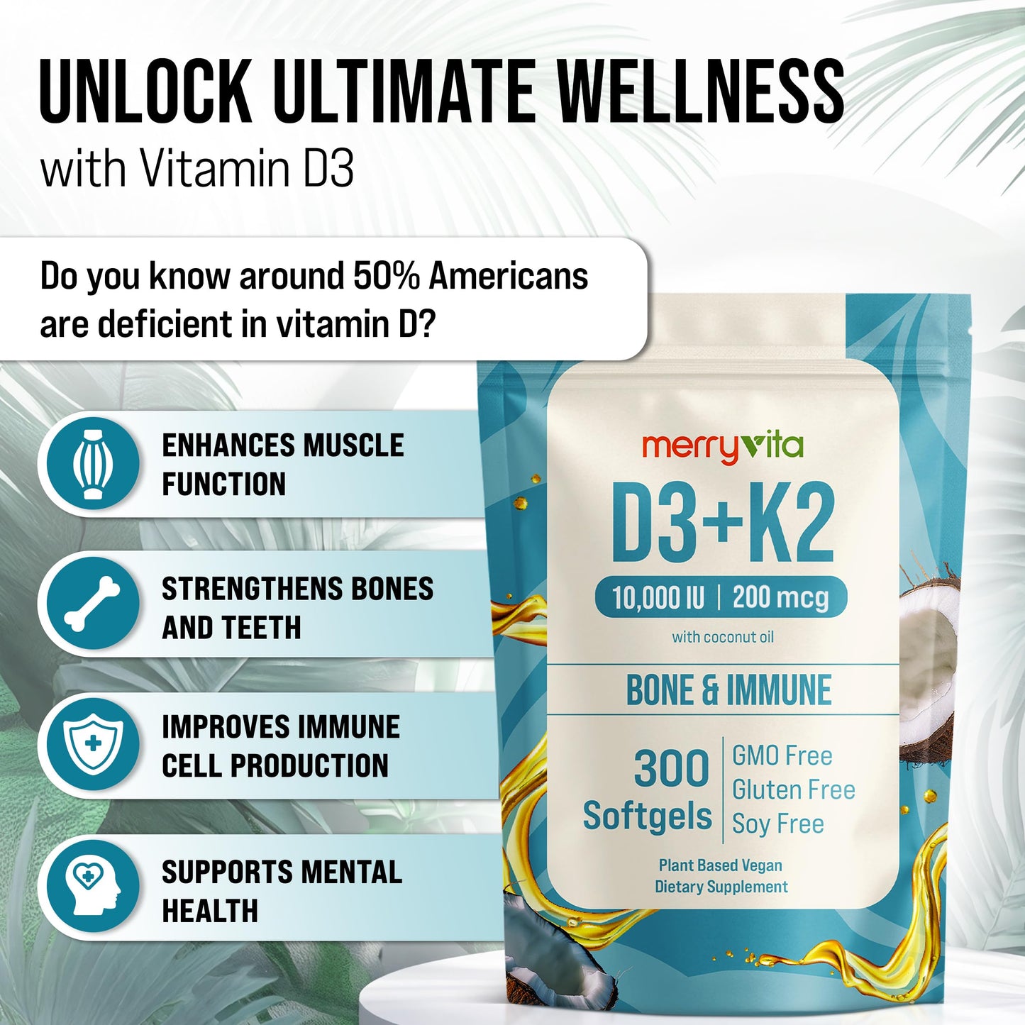MERRY VITA Vitamin D3 K2 Softgels 300