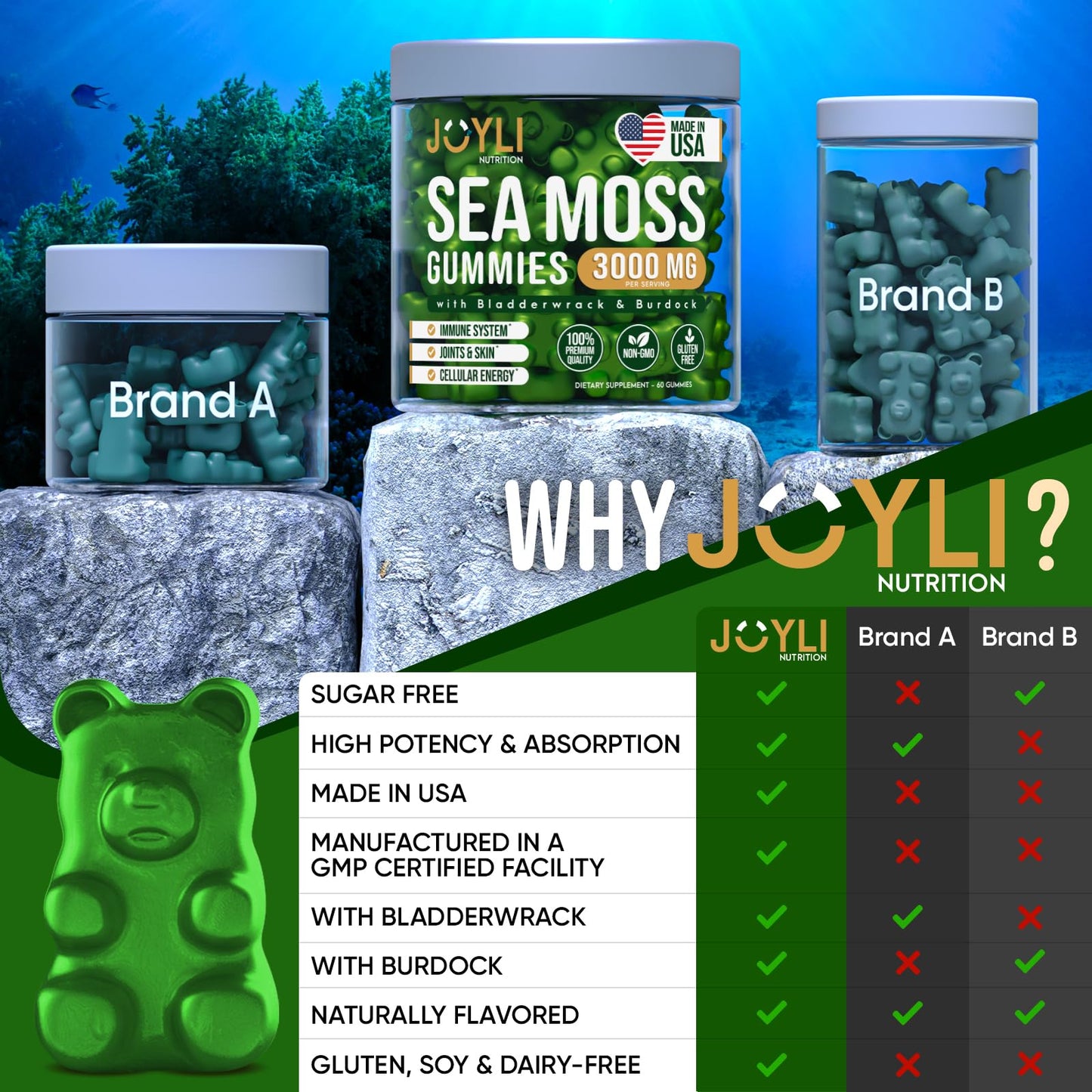 JOYLI Nutrition Sea Moss Gummies with Bladderwrack & Burdock Root – Vegan Irish Sea Moss Supplement, Sugar-Free, 120 Gummies