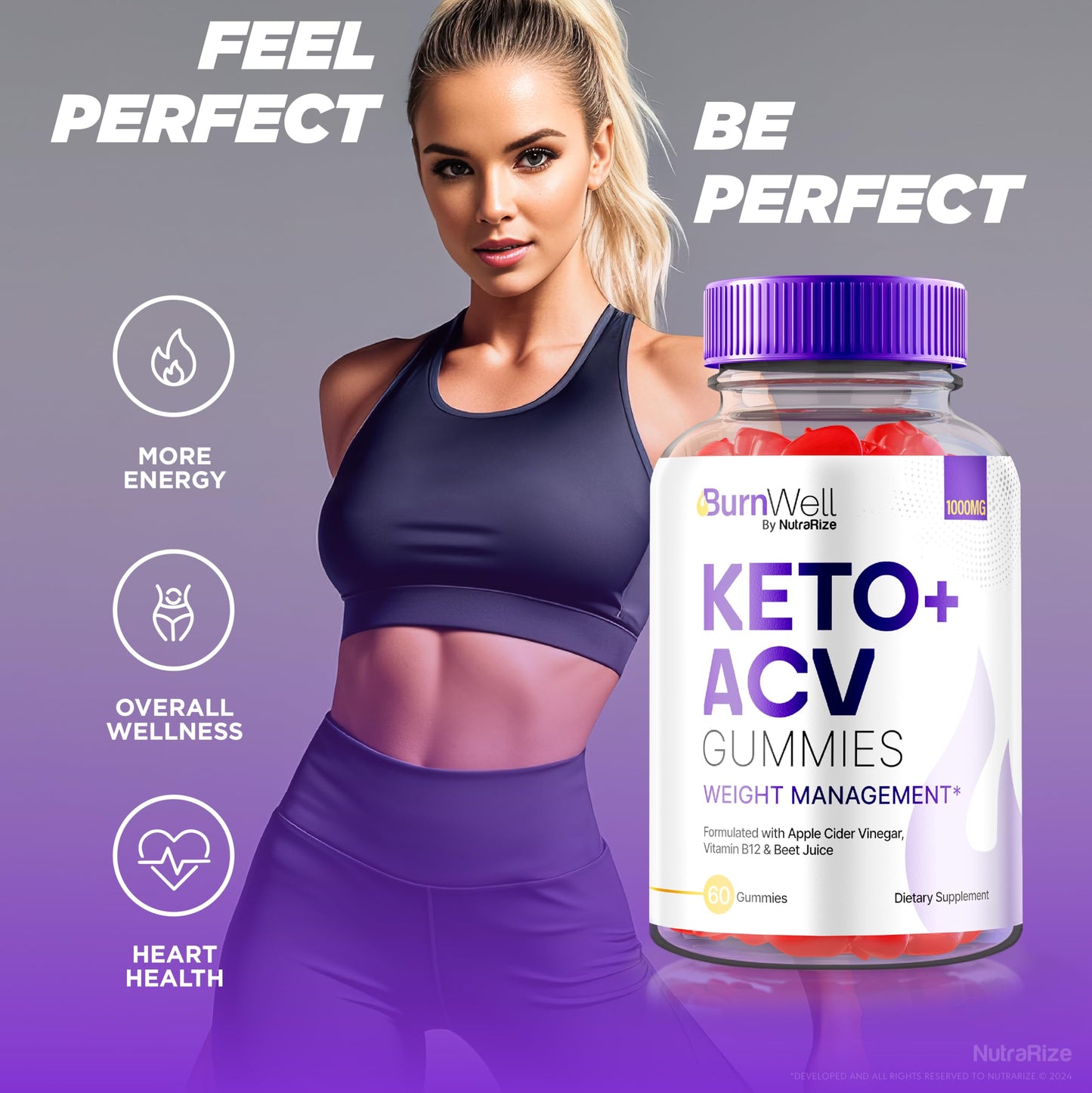 NutraRize BurnWell Keto + ACV Gummies for Weight Loss, 60 Gummies