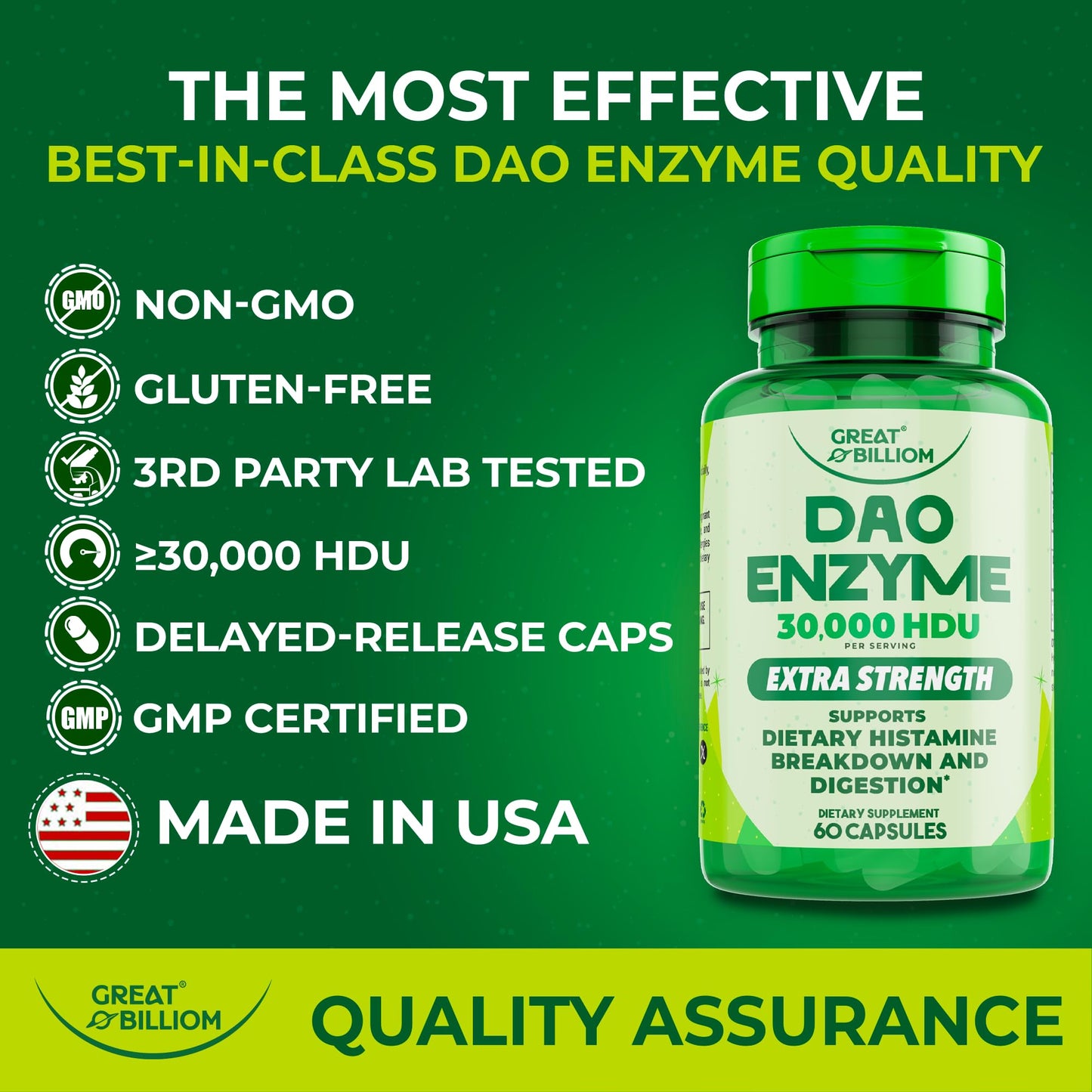 GREAT BILLIOM DAO Enzyme Supplement Diamine Oxidase Histamine, 60 Capsules