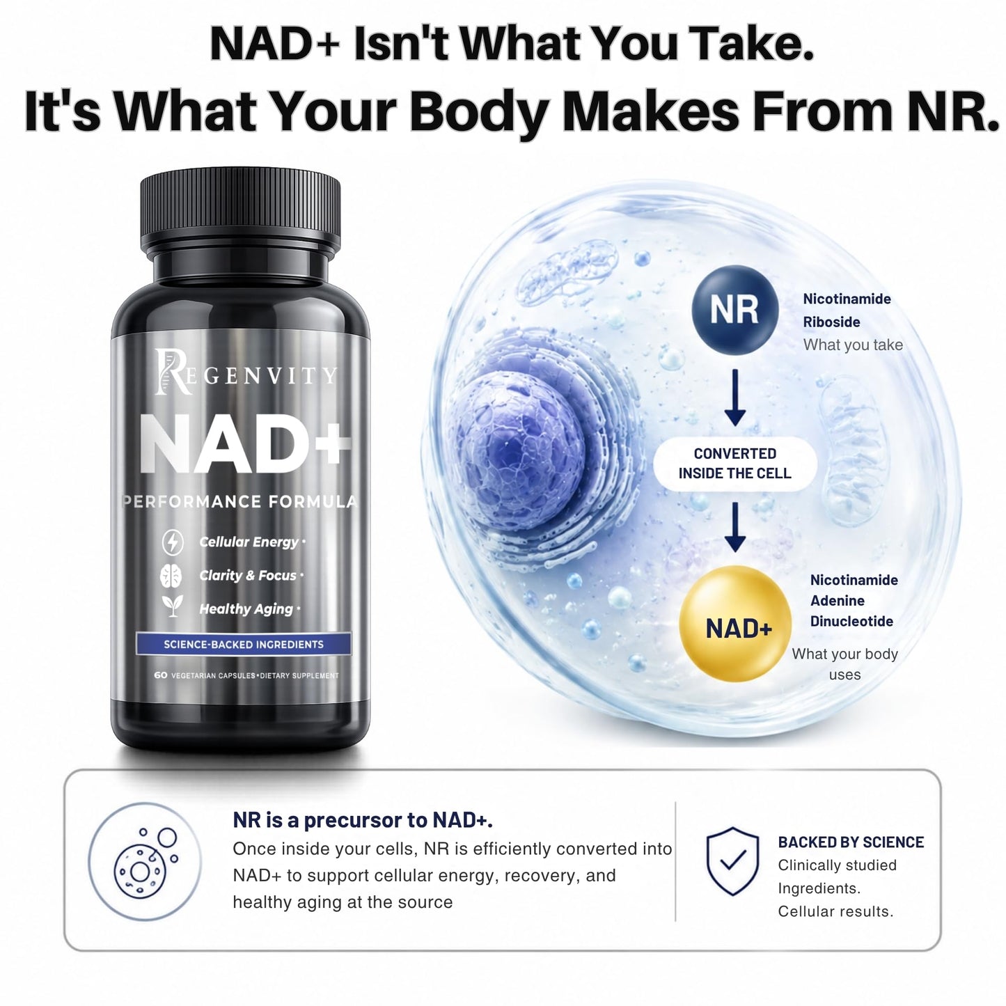 Regenvity NAD+ & Longevity Supplements with Kaneka Ubiquinol CoQ10 300mg Nicotinamide Riboside NR, Cellular Energy & Healthy Aging Formula for Active Adults 45+, 60 Capsules