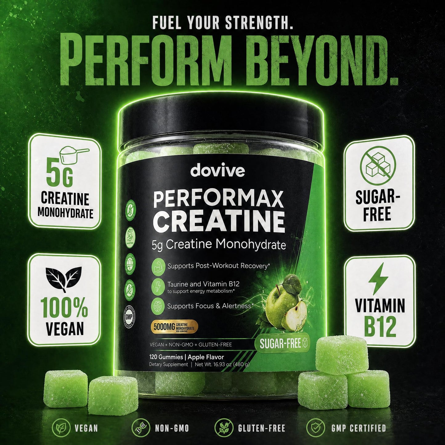 DOVIVE Creatine Monohydrate 5000mg Green Apple Gummy, 120 Count