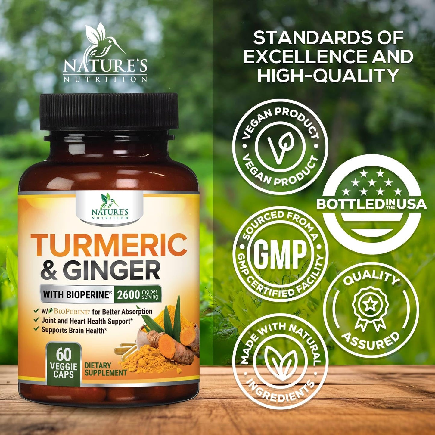 Nature's Nutrition Turmeric Curcumin Supplement 2000mg Organic Turmeric Per Serving 95% Curcuminoids, Ginger & BioPerine Black Pepper for Best Absorption Natural Vegan Joint Support Capsules 60 Count