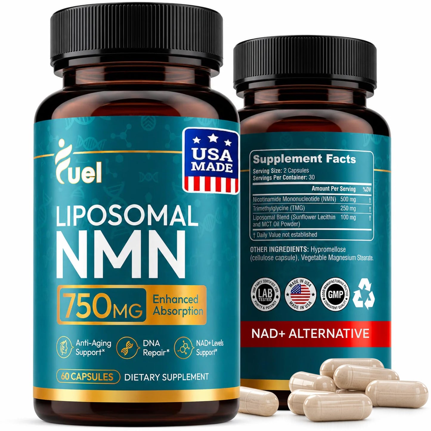 Fuel Liposomal NMN 750mg per Serving (500mg NMN + 250mg TMG) Capsules 60 Count