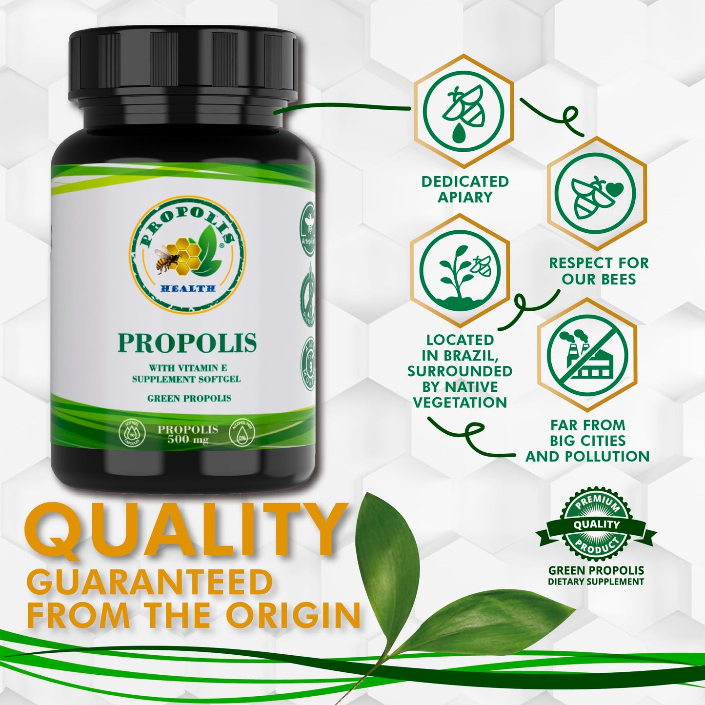 Propolis Health Propolis Capsules 1000mg with Vitamin E, Pure Brazilian Green Propolis Extract, Immune Booster, 100 Capsules