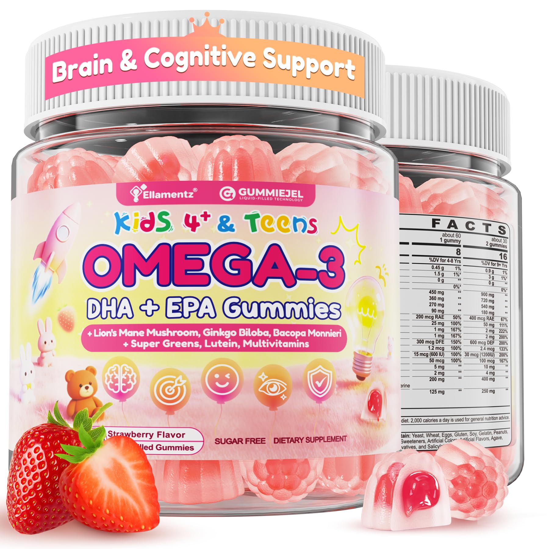 ELLAMENTZ Omega 3 Gummies for Kids with DHA + EPA, Methyl B12, B9, D3, K2, 60 Count