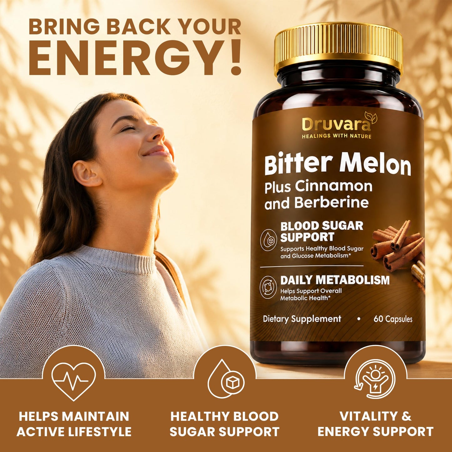 Druvara Bitter Melon Capsules with Berberine & Cinnamon, 60 Capsules