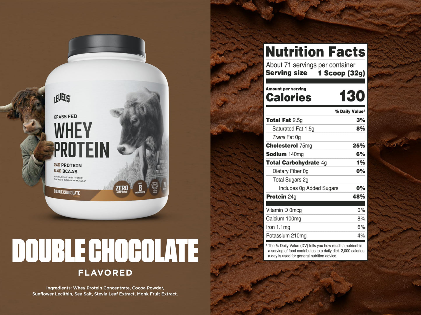 Levels Nutrition Grass Fed Whey Protein Powder Double Chocolate, 80 Servings