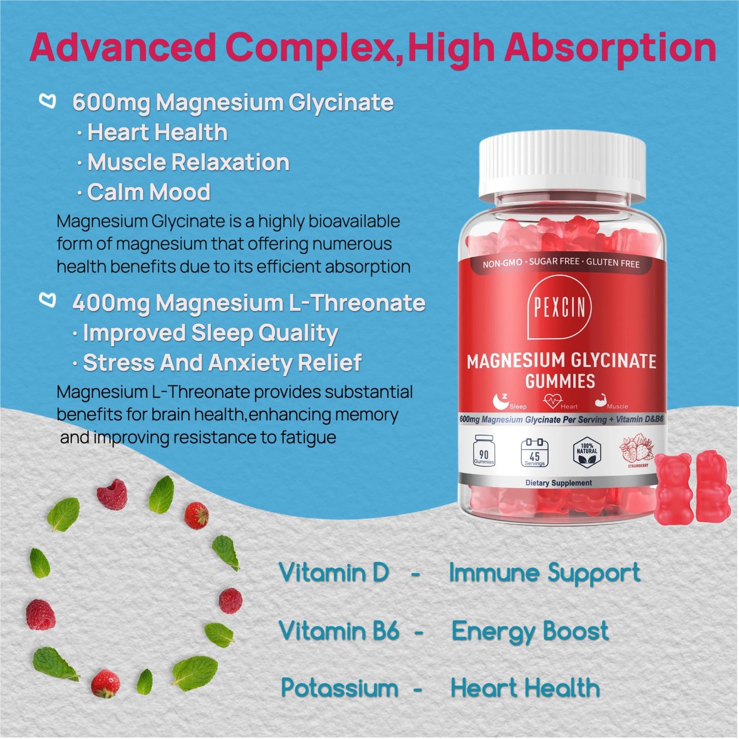 PEXCIN Magnesium Glycinate Gummies 90 Count