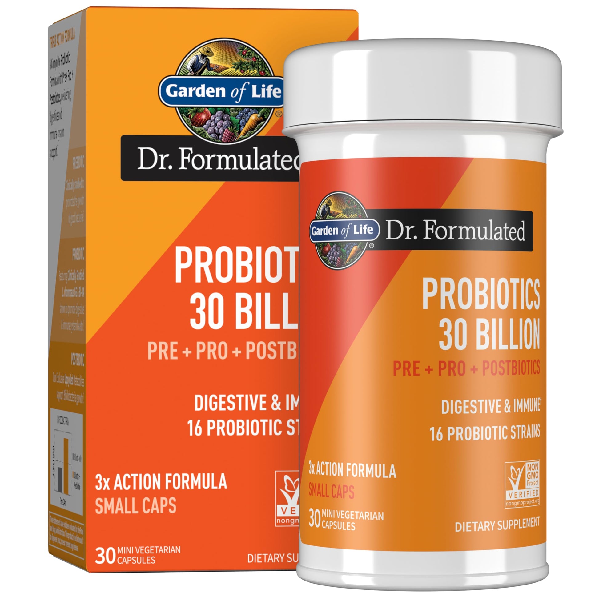 Garden of Life Dr. Formulated Pre, Post & Probiotics 30 Billion CFU Once Daily 3-in-1 Complete Probiotics, Prebiotics & Postbiotics Capsules, 30 Count