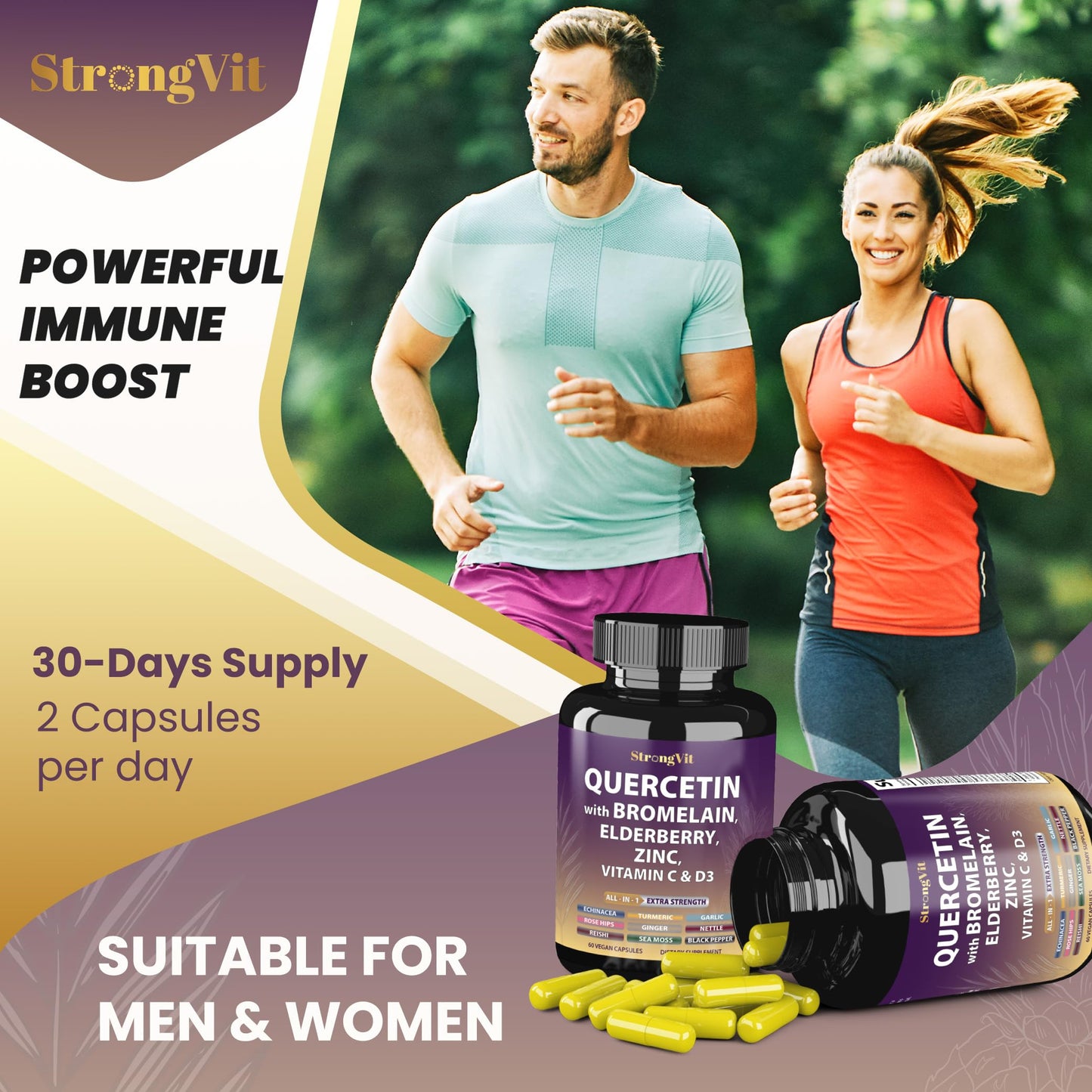 StrongVit Quercetin with Bromelain, Elderberry, Vitamin C, D3 and Zinc 60 Capsules