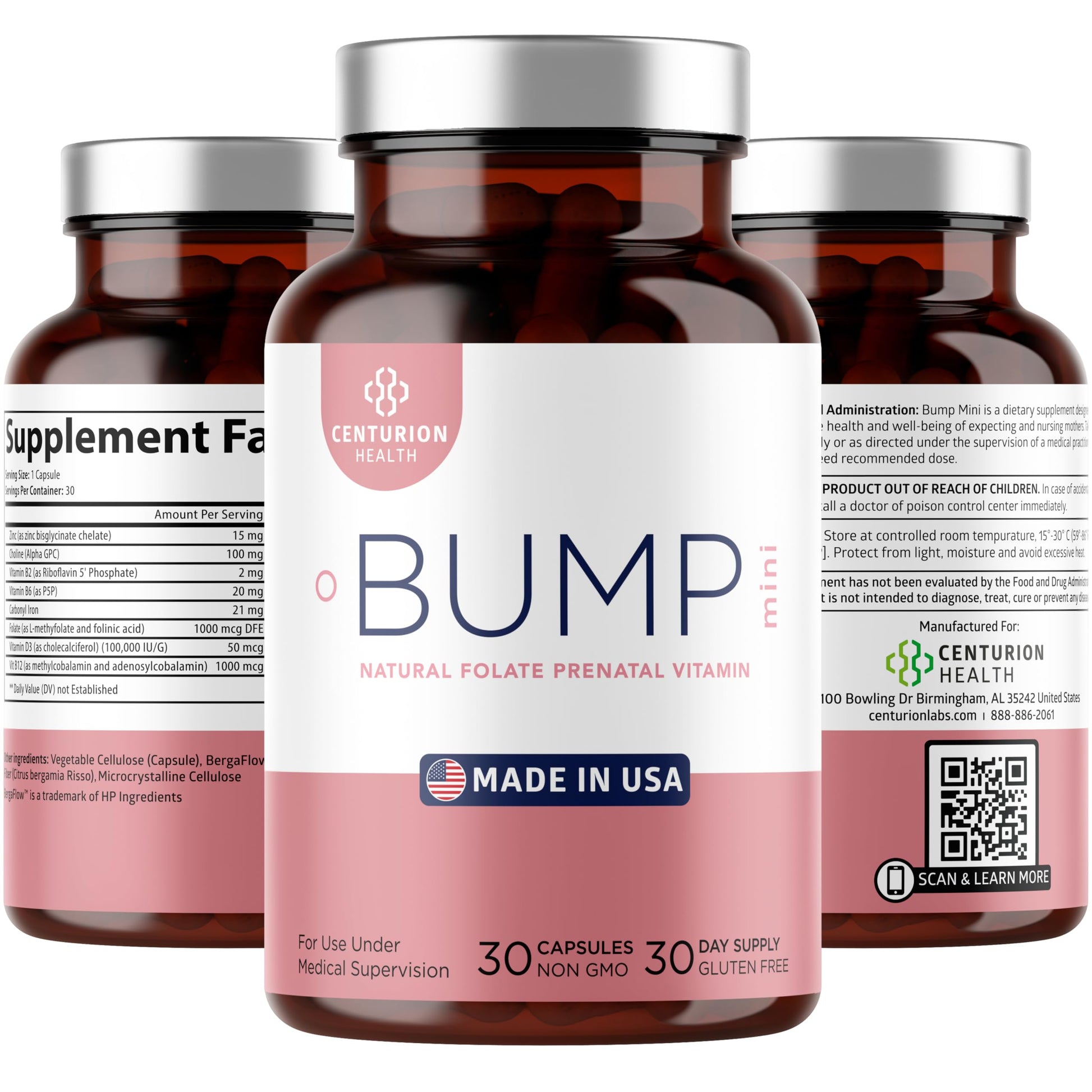 Centurion Health Bump Mini Complete Prenatal Vitamins for Women with Folate, Choline, Carbonyl Iron, Zinc, Vitamin D3 and Vitamin B12 for Fetal Development and Pregnancy Support Capsule 30