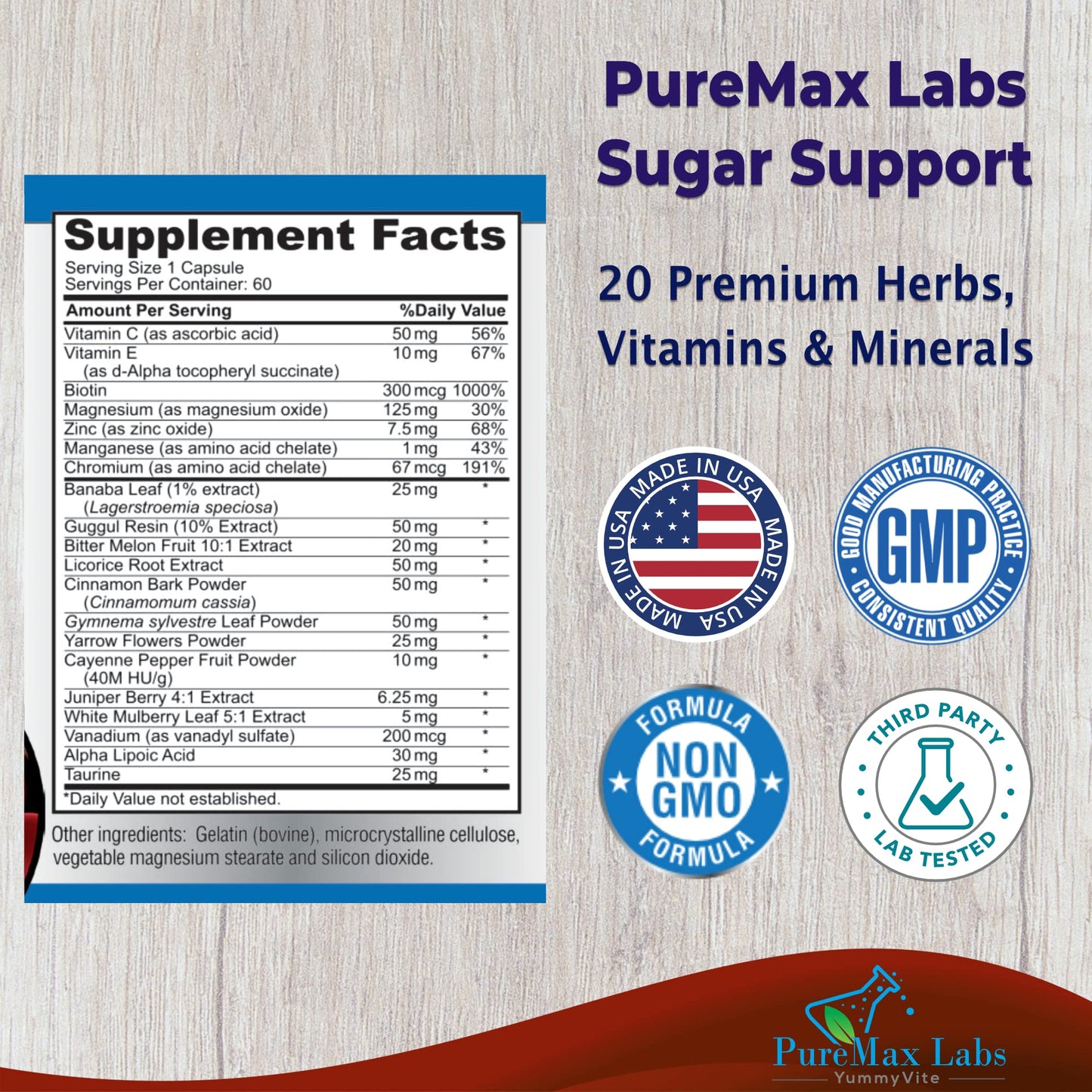 YUMMYVITE Sugar Support Supplement with Cinnamon, Chromium, Mulberry, Alpha Lipoic Acid, 20 Herbs & Vitamins - Non-GMO, 60 Capsules