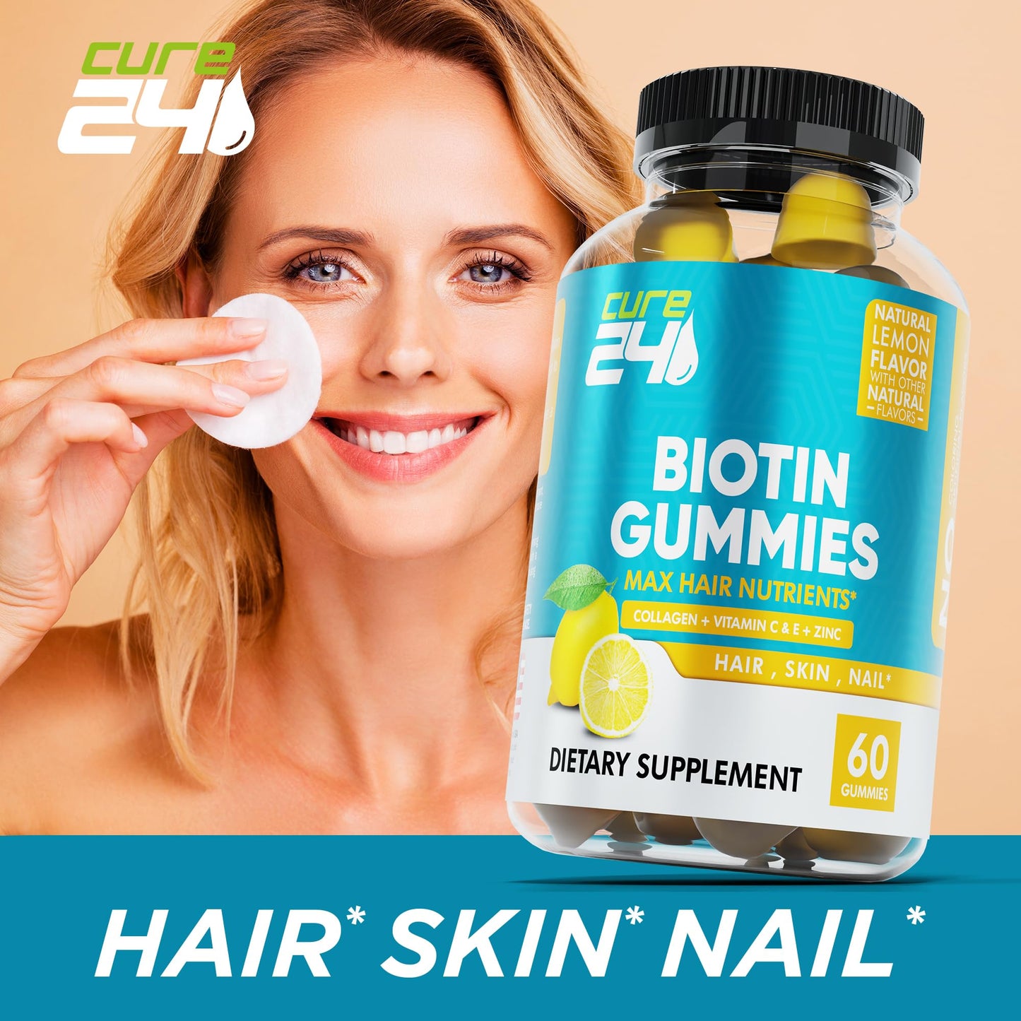 Cure24 Biotin Gummies with Vitamin C, E, Collagen, and Zinc, 60 Count
