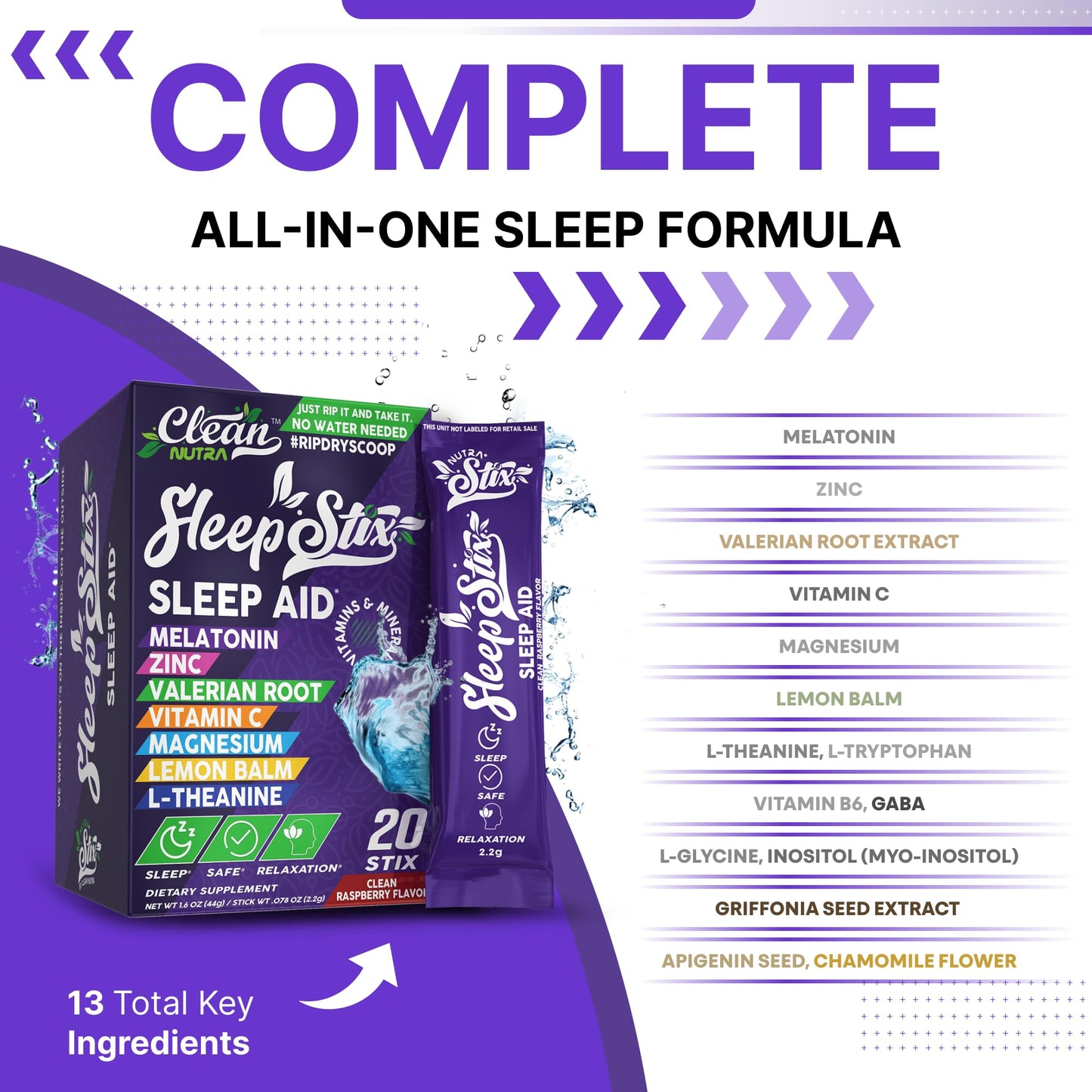 Clean Nutraceuticals Sleep Aid Powder with Melatonin, L-Theanine, GABA, Valerian Root, Magnesium, Zinc, Lemon Balm, 5-HTP, Vitamin B6, Myo-Inositol — 0.71 Ounce