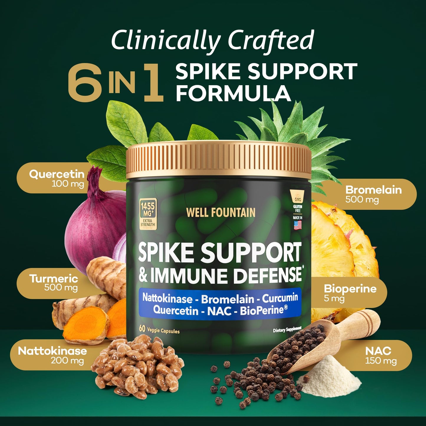 WELL FOUNTAIN Spike Support 6-in-1 Nattokinase 4000 FU, Bromelain 500mg, Curcumin 500mg, NAC 150mg, Quercetin 100mg & BioPerine 5mg Capsules, 60 Count