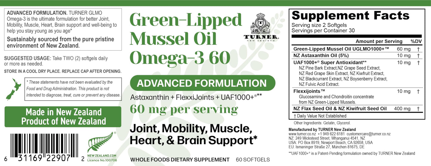 TURNER New Zealand Green Lipped Omega-3 Mussel Oil Softgels 180