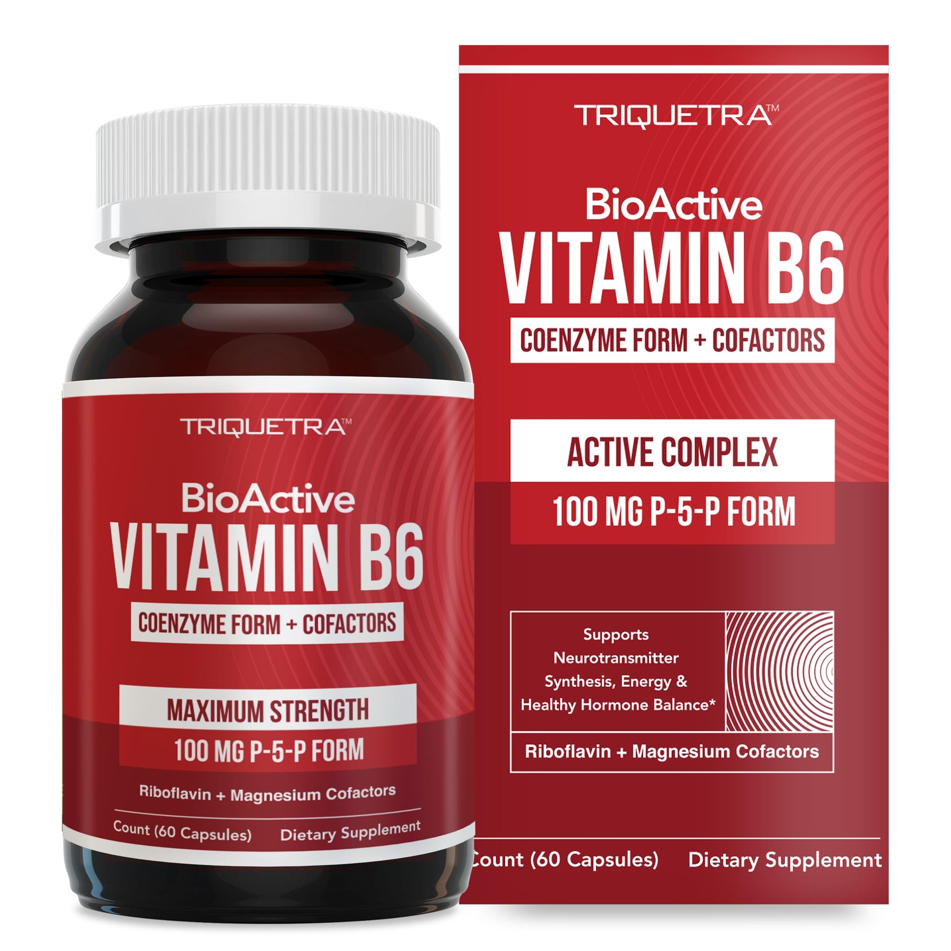 Triquetra Health BioActive Vitamin B6 100mg Capsules, P-5-P Form, Enhanced Absorption with Riboflavin & Magnesium, Non-GMO, 60 Count