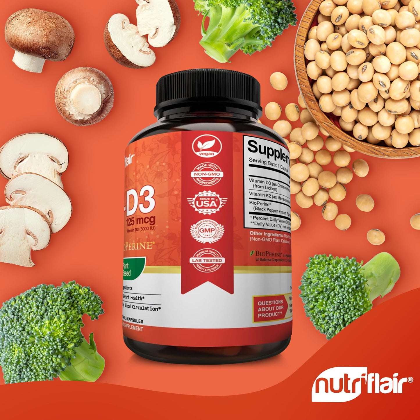 NutriFlair Vitamin D3 (5000iu/125mcg) + K2 (Mk7) Capsules, 90 Count