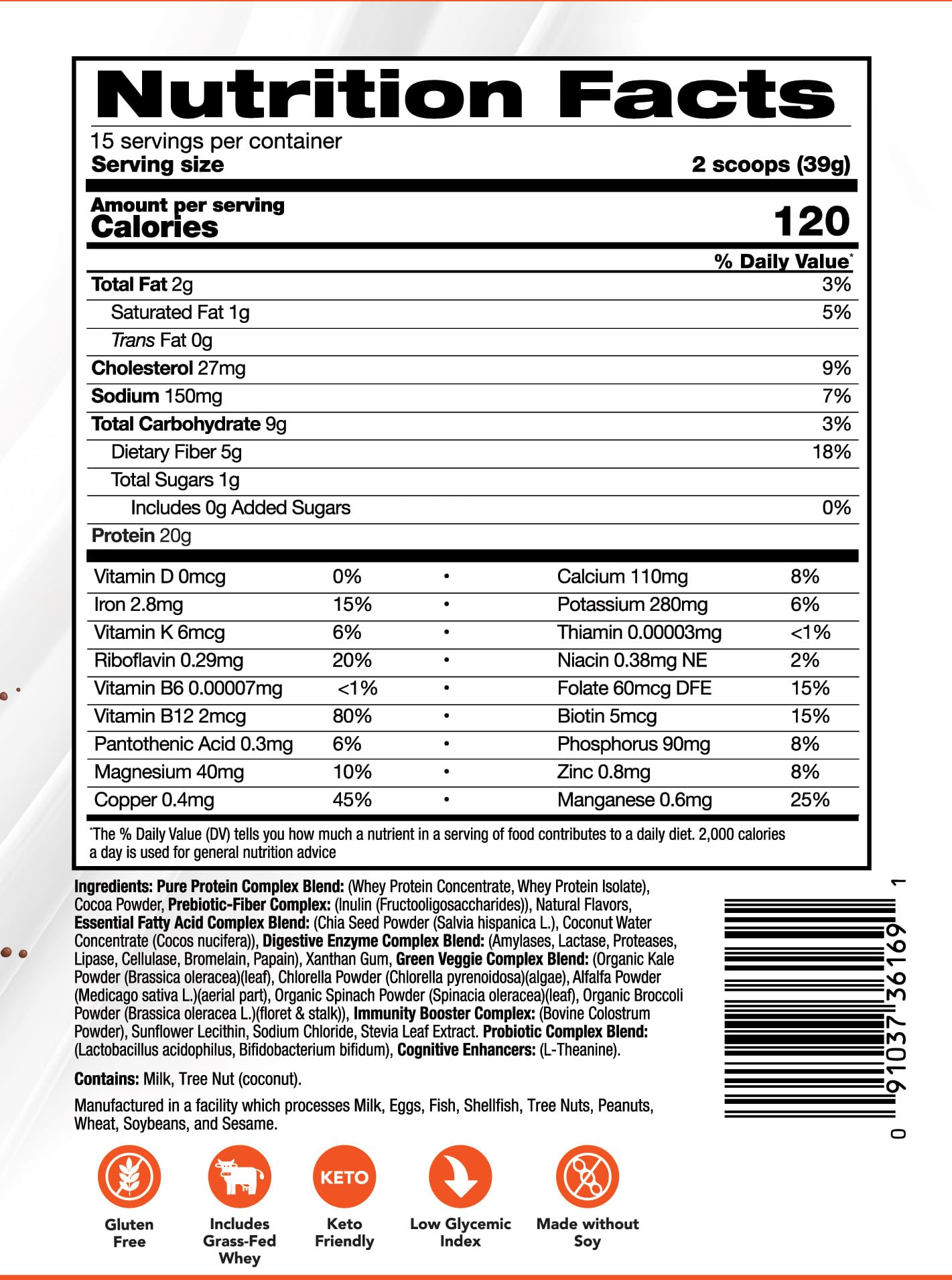 INVIGOR8 Superfood Grass Fed Whey Protein Isolate Shake Chocolate Brownie Gluten-Free and Non GMO Meal Replacement with Probiotics and Omega 3 Powder, 22.75 oz