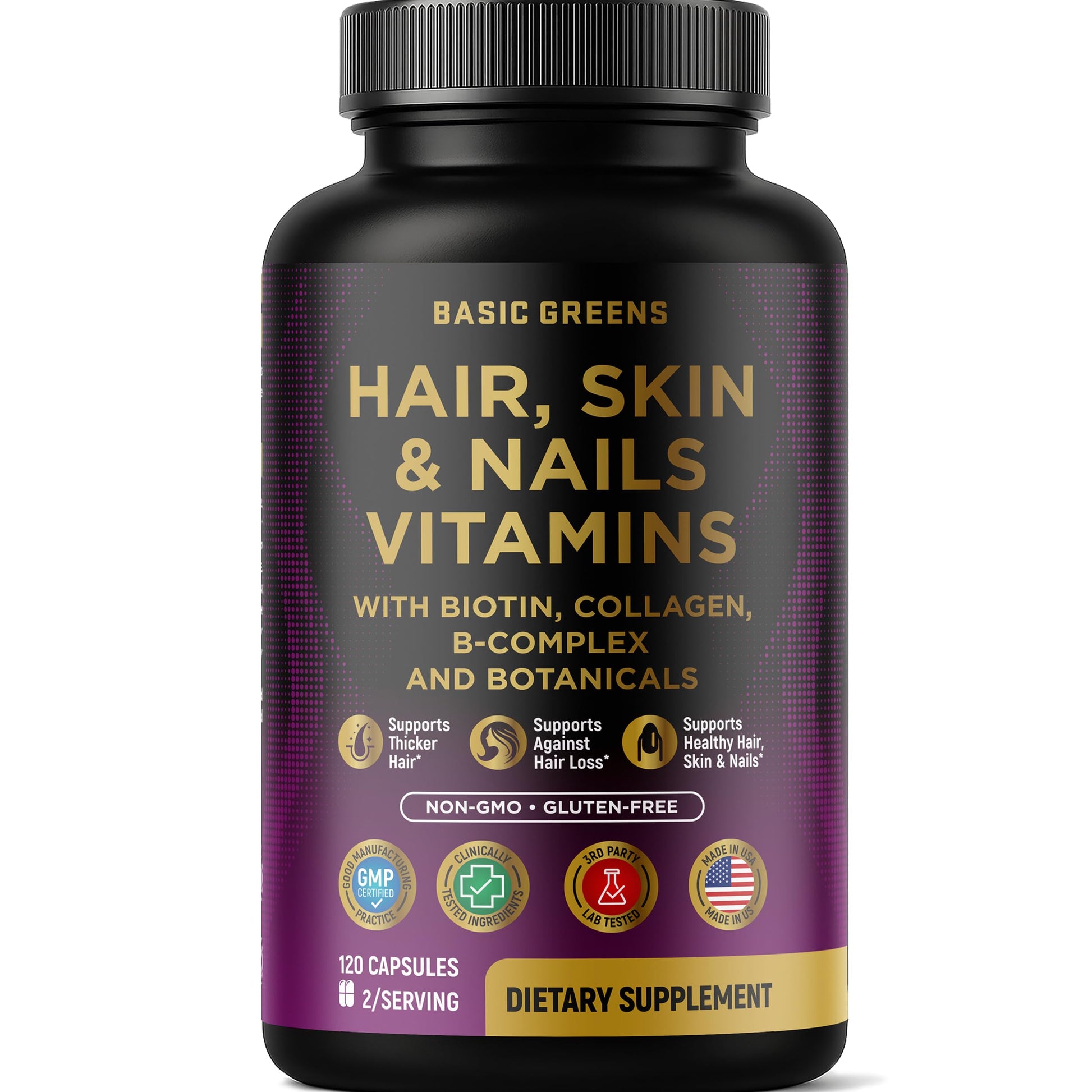 BASIC GREENS Hair, Skin & Nails Vitamins with Biotin 10000 mcg, Collagen & B-Complex – Supports Healthy Hair, Glowing Skin & Strong Nails – Non-GMO, Gluten-Free, 120 Capsules