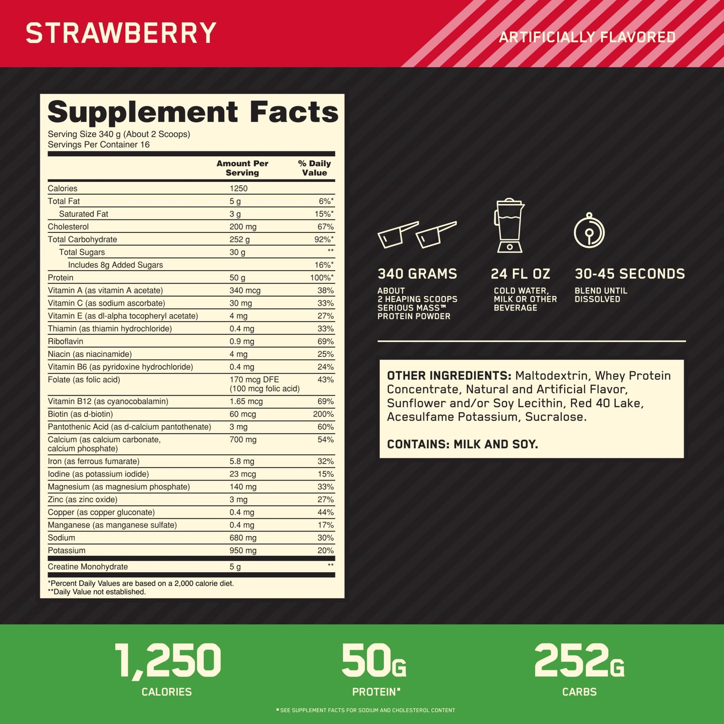 Optimum Nutrition Serious Mass Strawberry Weight Gain Protein Powder, 192 Servings