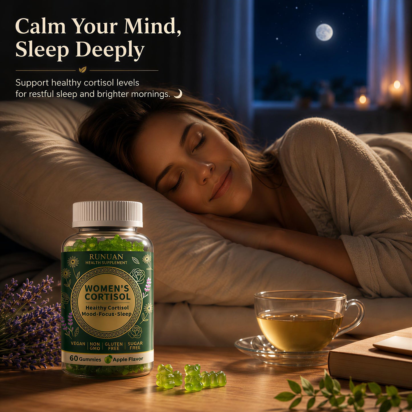 RUNUAN Cortisol Gummies for Women and Men, Stress Balance Calm Mood Support, 60 Gummies