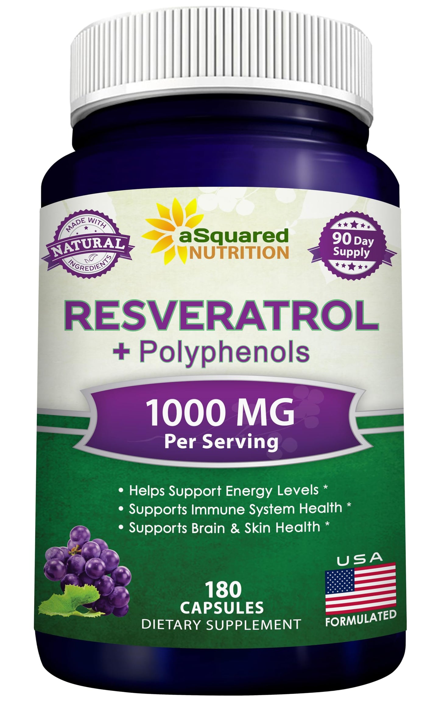 aSquared Nutrition Natural Resveratrol with Red Wine Extract Trans-Resveratrol Antioxidant Supplement Capsules, 180 Count