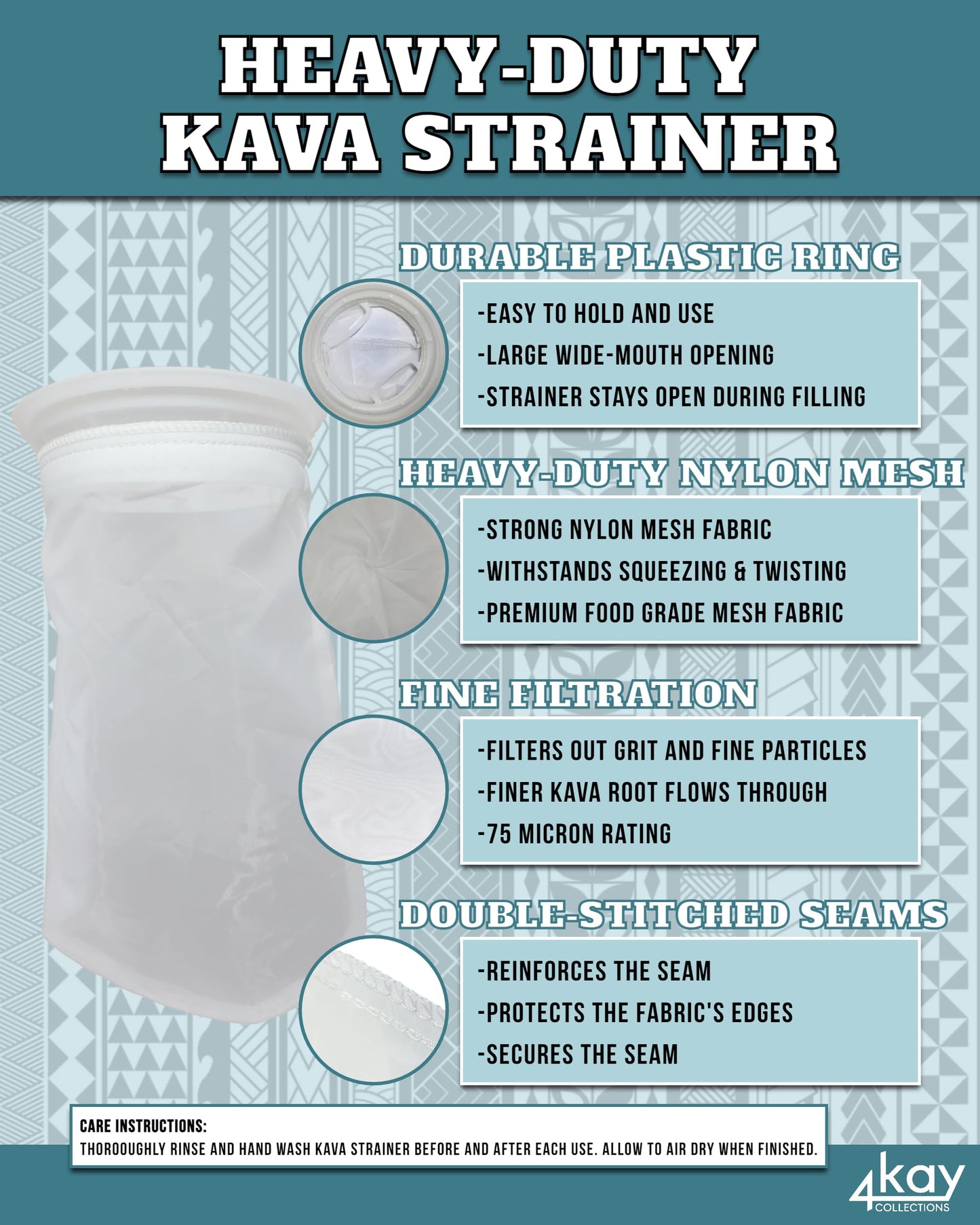 4Kay Collections Kava Strainer Bag with 2 Coconut Shell Cups - Reusable Kava Accessories Bundle Powder 1 Item
