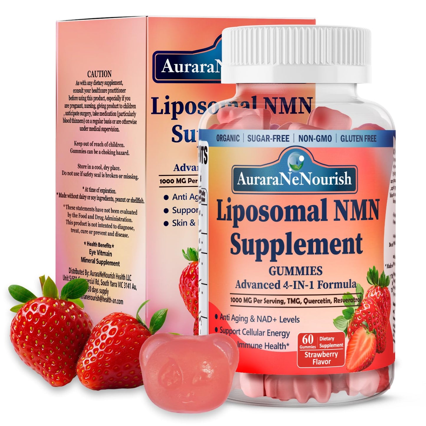 AuraraNeNourish NMN Supplement 1000mg Pure, 4-in-1 Liposomal NMN Resveratrol Gummies w.Quercetin & TMG, Nicotinamide Mononucleotide NAD+ Precursor for NAD+ Levels, Cellular Energy & Healthy Aging, 60 Count