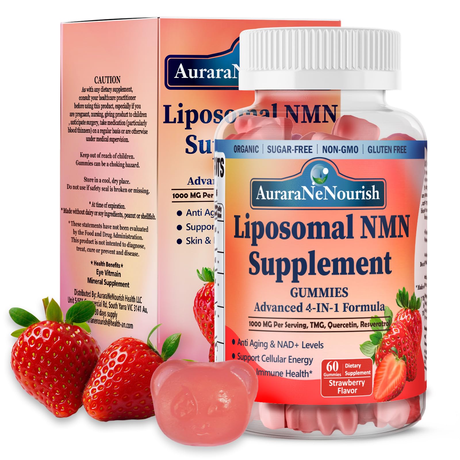 AuraraNeNourish NMN Supplement 1000mg Pure, 4-in-1 Liposomal NMN Resveratrol Gummies w.Quercetin & TMG, Nicotinamide Mononucleotide NAD+ Precursor for NAD+ Levels, Cellular Energy & Healthy Aging, 60 Count