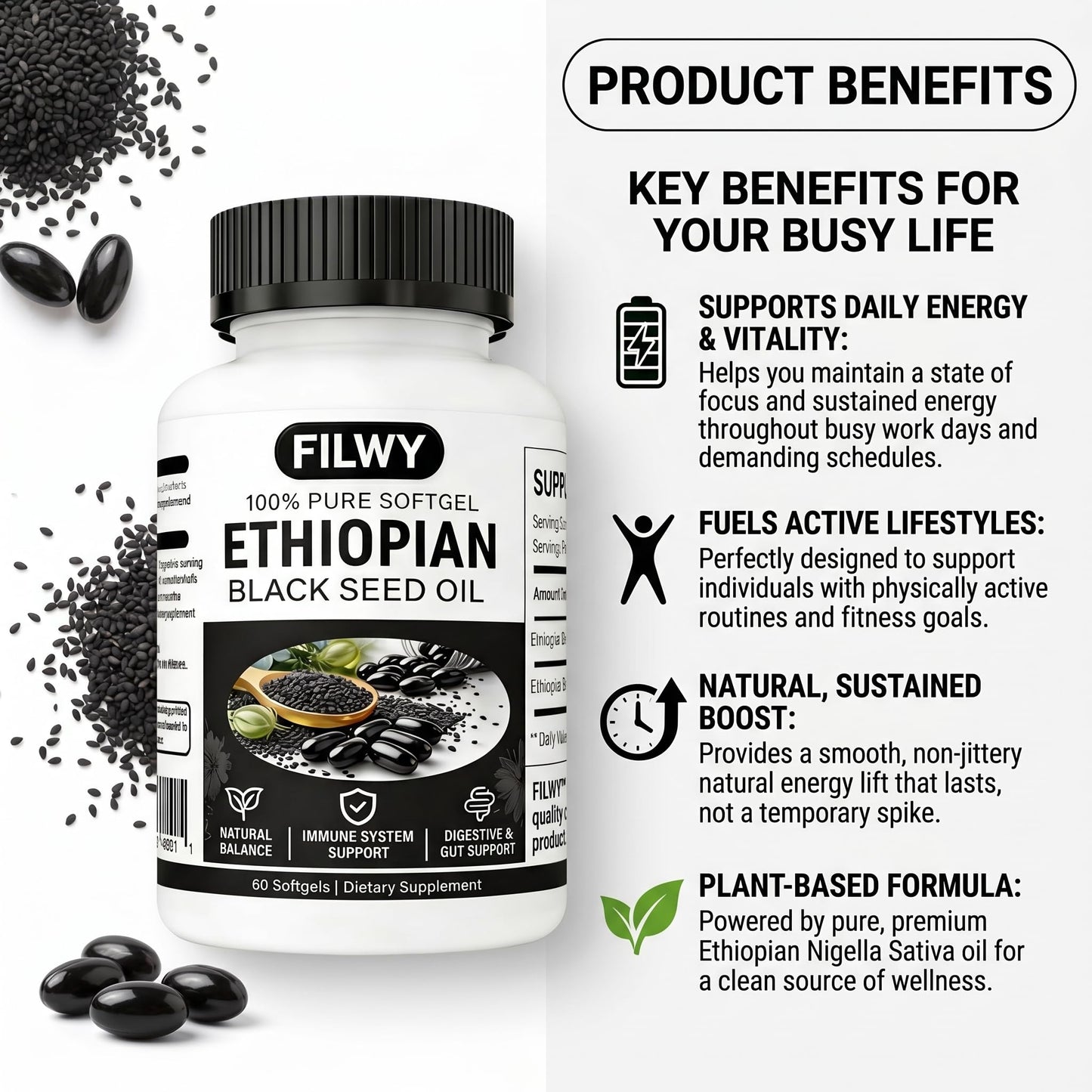 FILWY Ethiopian Black Seed Oil Capsules with 4.64% Thymoquinone, Immune Support & Digestion & Energy Booster, 60 Capsules