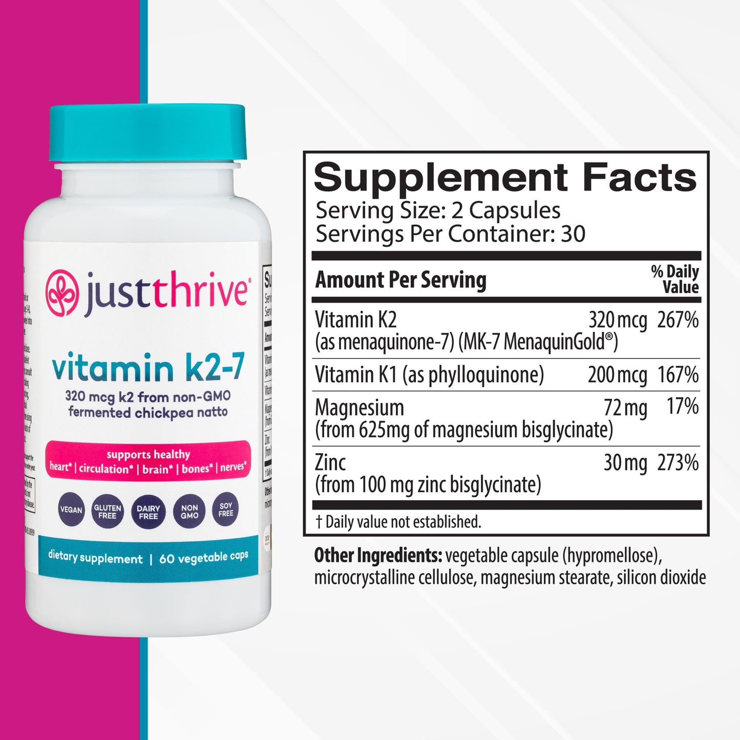 Just Thrive Vitamin K2-7 Supplement for Bone, Brain & Cardiovascular Health Capsule 60 Count