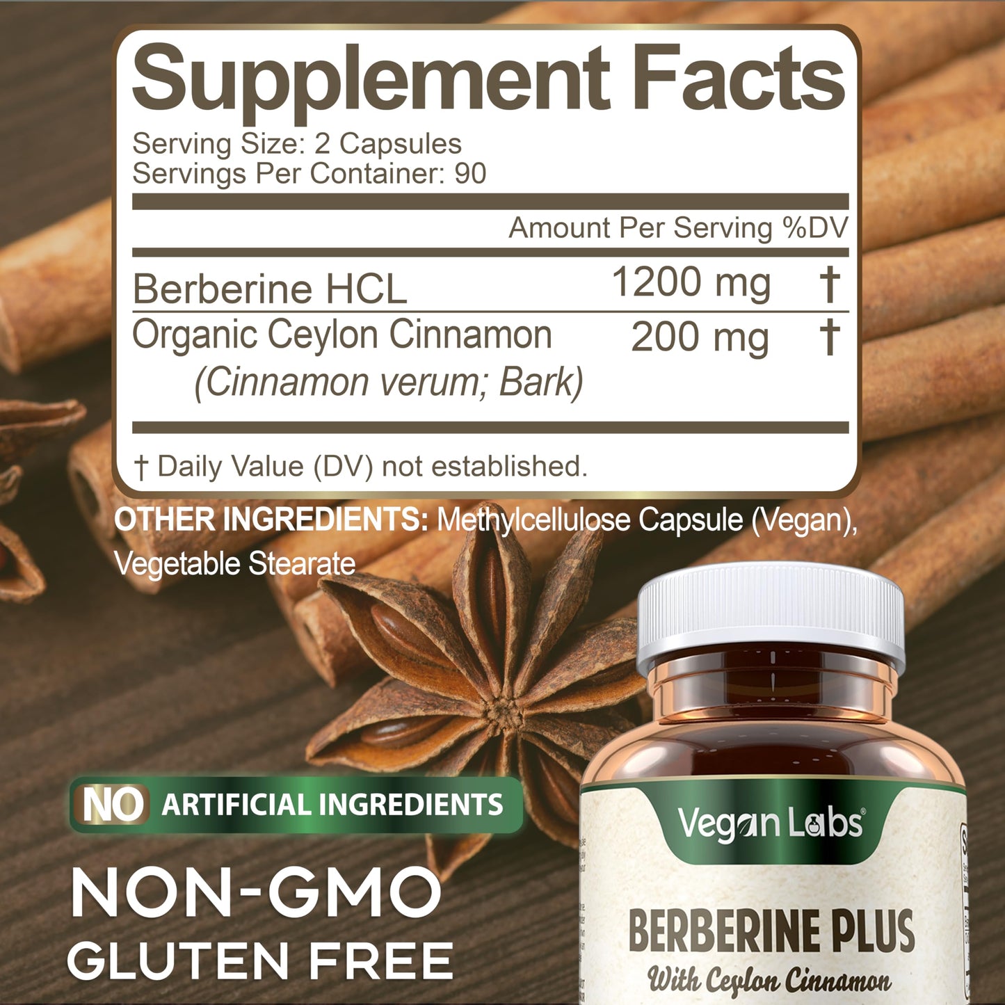 Vegan Labs Berberine HCL 1200MG with Organic Ceylon Cinnamon, 180 Capsules