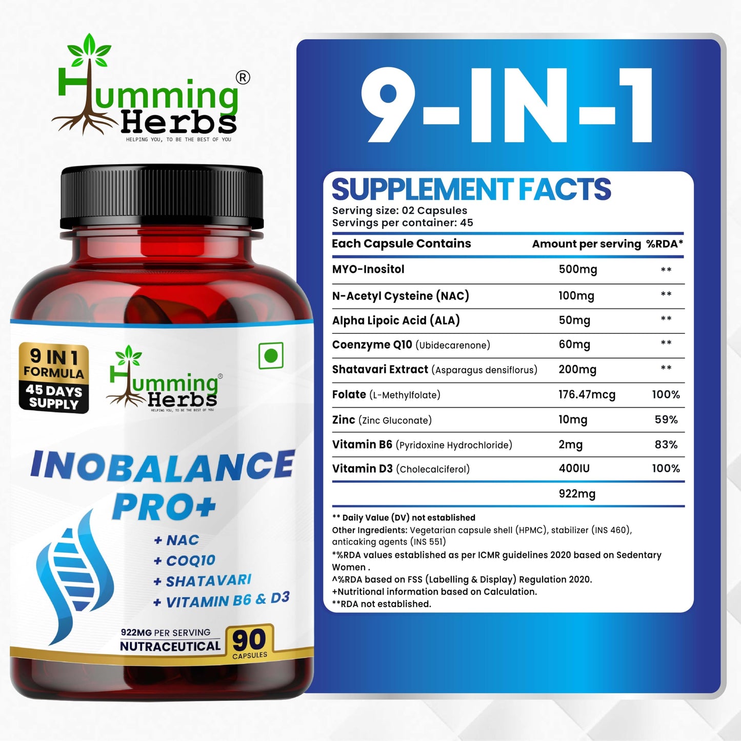 Humming Herbs INOBALANCE PRO+ Myo-Inositol with NAC, CoQ10, Shatavari, Zinc, Vitamin B6 & D3, 922 mg per Serving, 90 Capsules