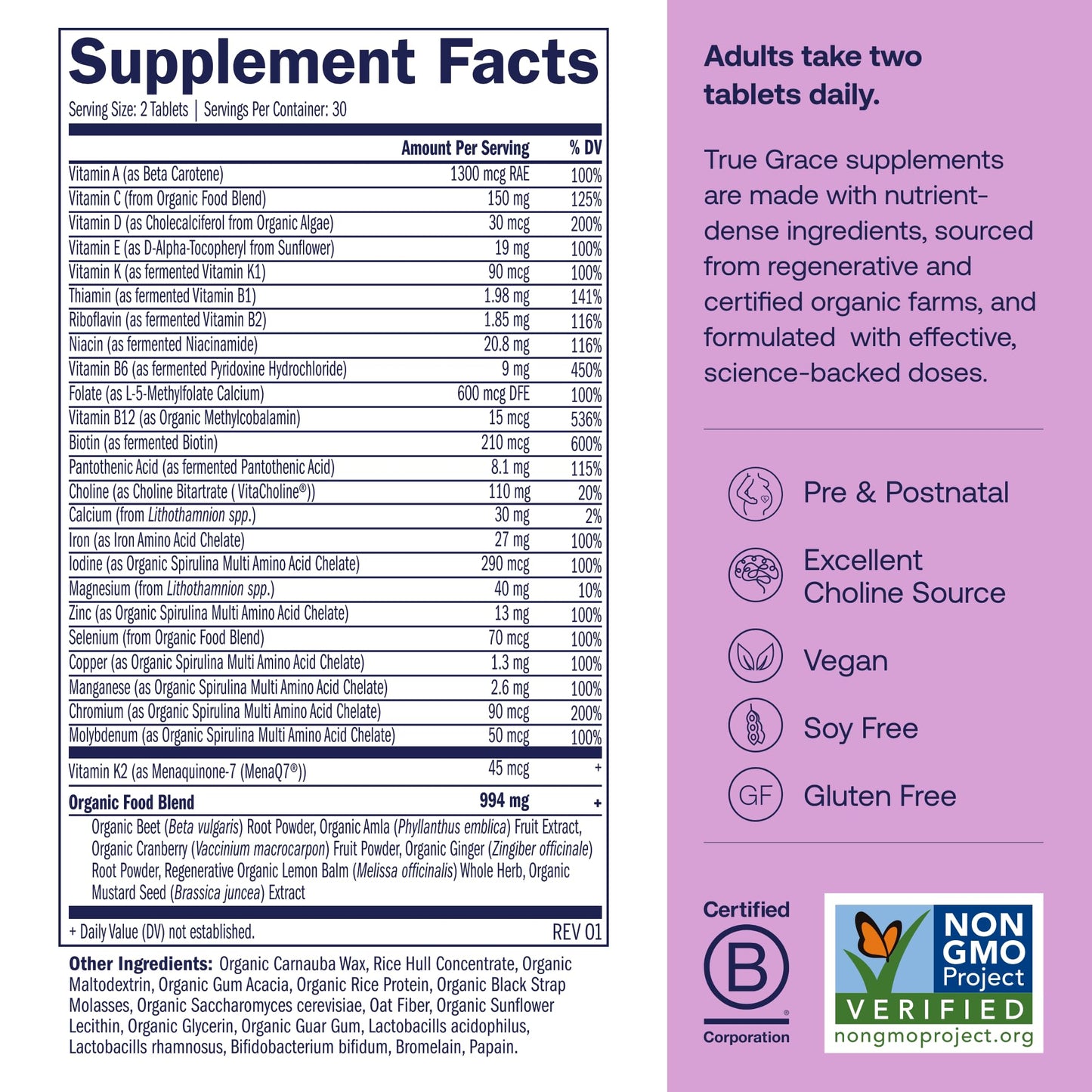 True Grace Prenatal Multivitamin Tablets, 60 Count