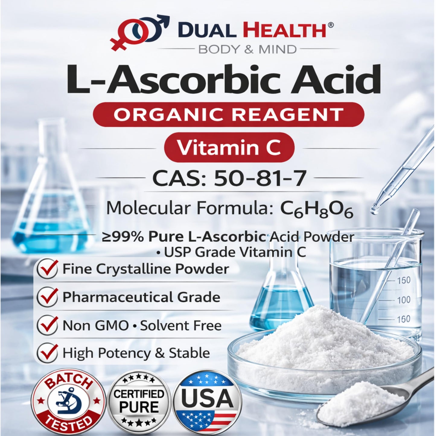 Dual Health Body & Mind Ascorbic Acid Vitamin C Powder, 4 oz