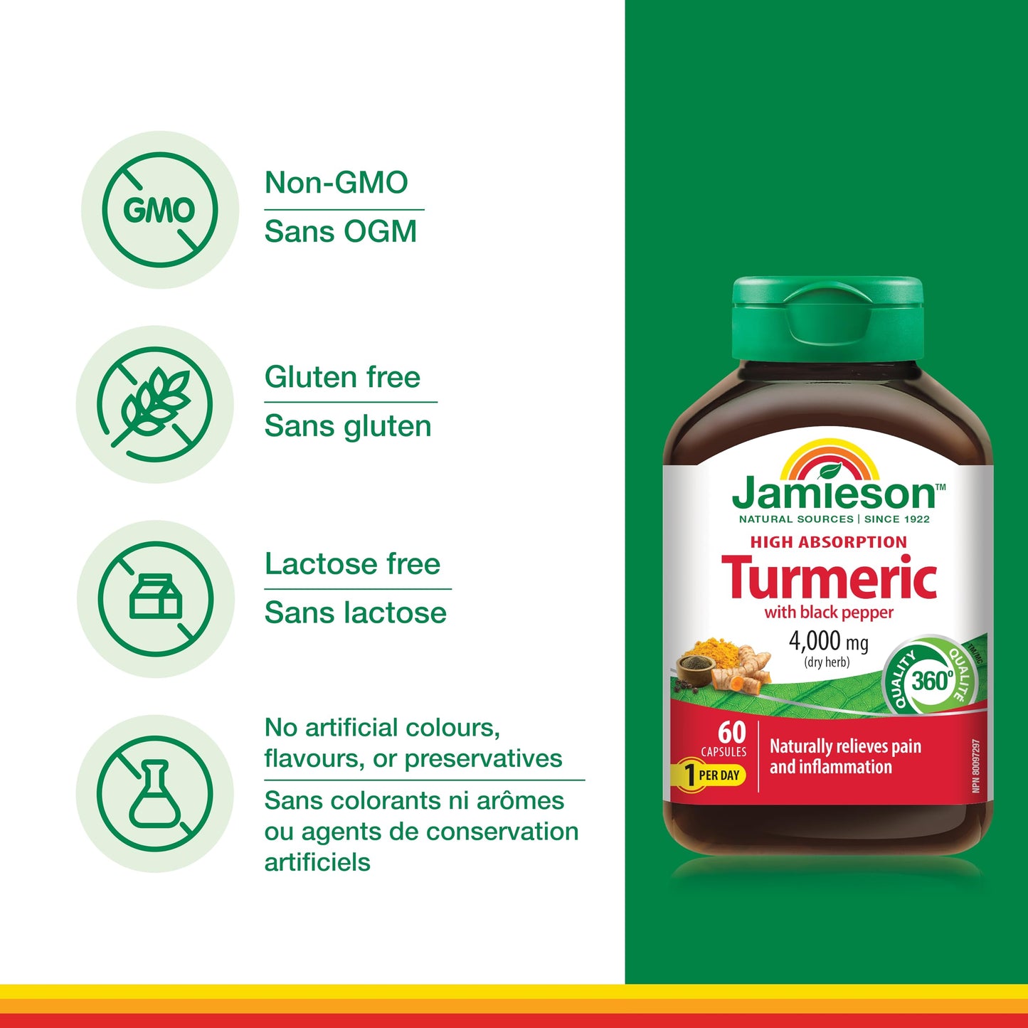 Jamieson Laboratories High Absorption Curcumin Turmeric with Black Pepper 4,000 mg (raw herb), 60 Capsules