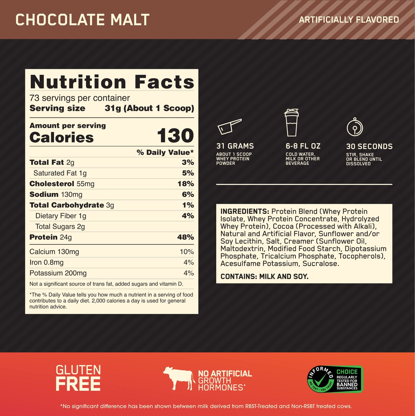 Optimum Nutrition Gold Standard 100% Whey Protein Powder Chocolate Malt 80 Servings
