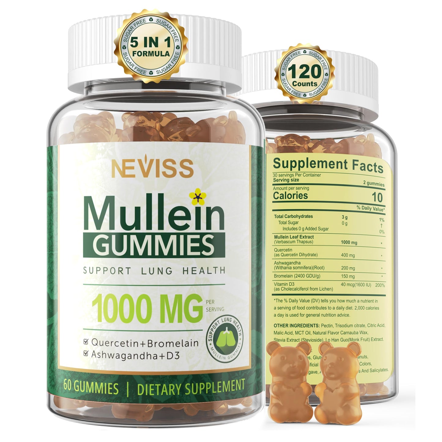 NEVISS Mullein Gummies for Lungs 120 Count