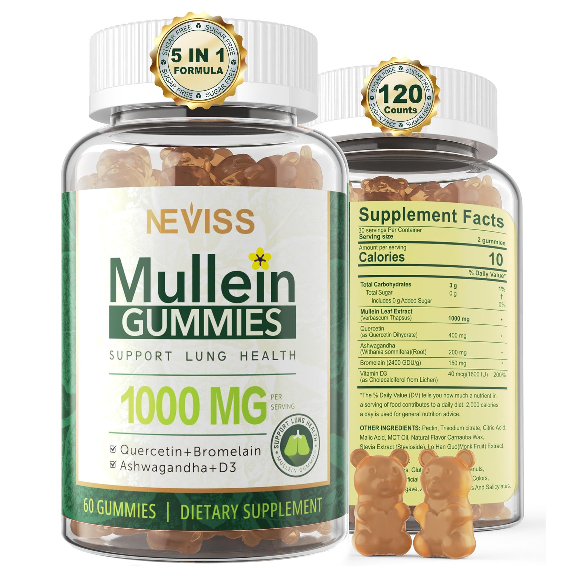 NEVISS Mullein Gummies for Lungs 120 Count